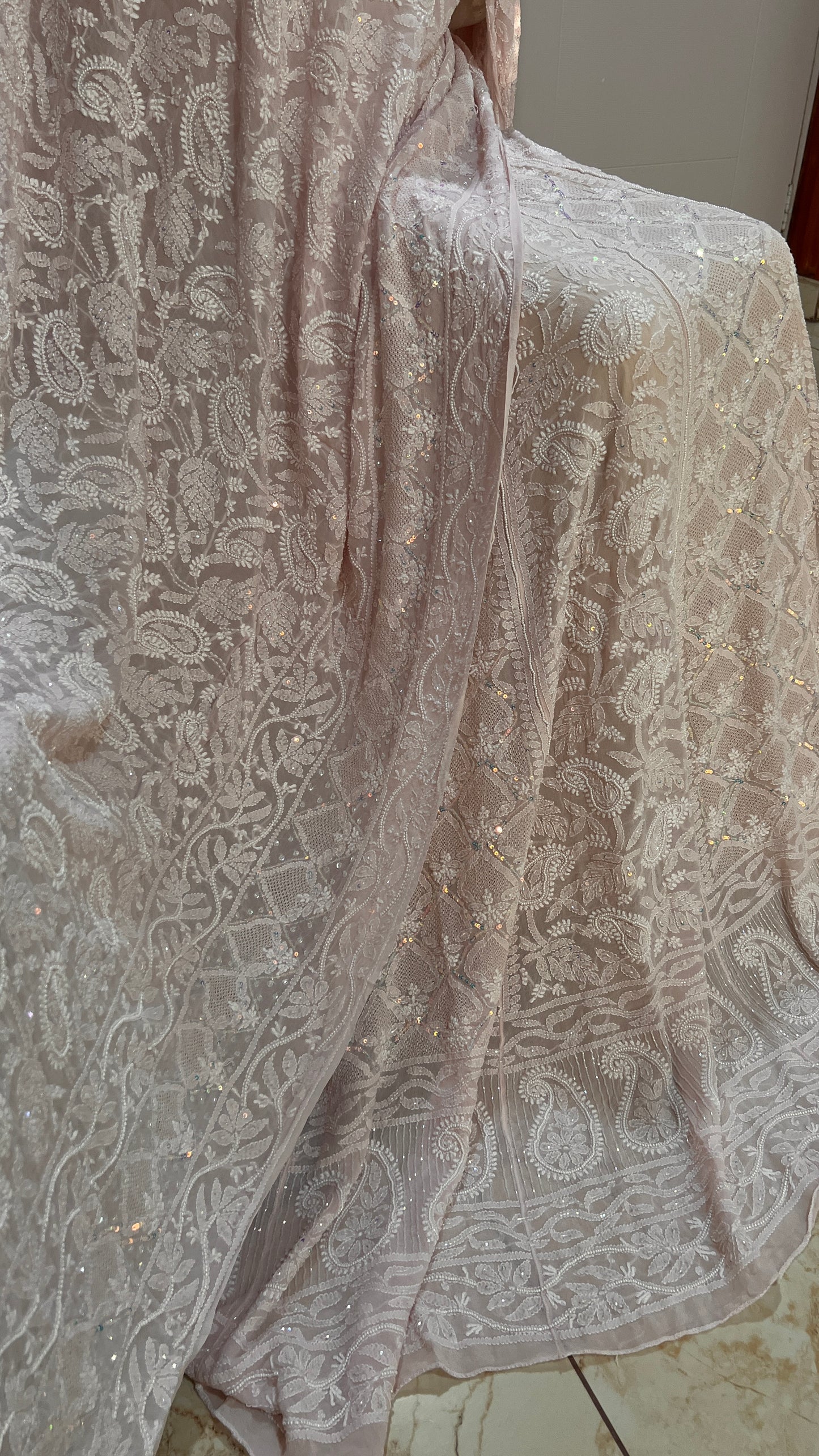 Ruhani Powder Pink Chikankari Jaali Pearl Cut Dana Sequins Wedding Lehenga