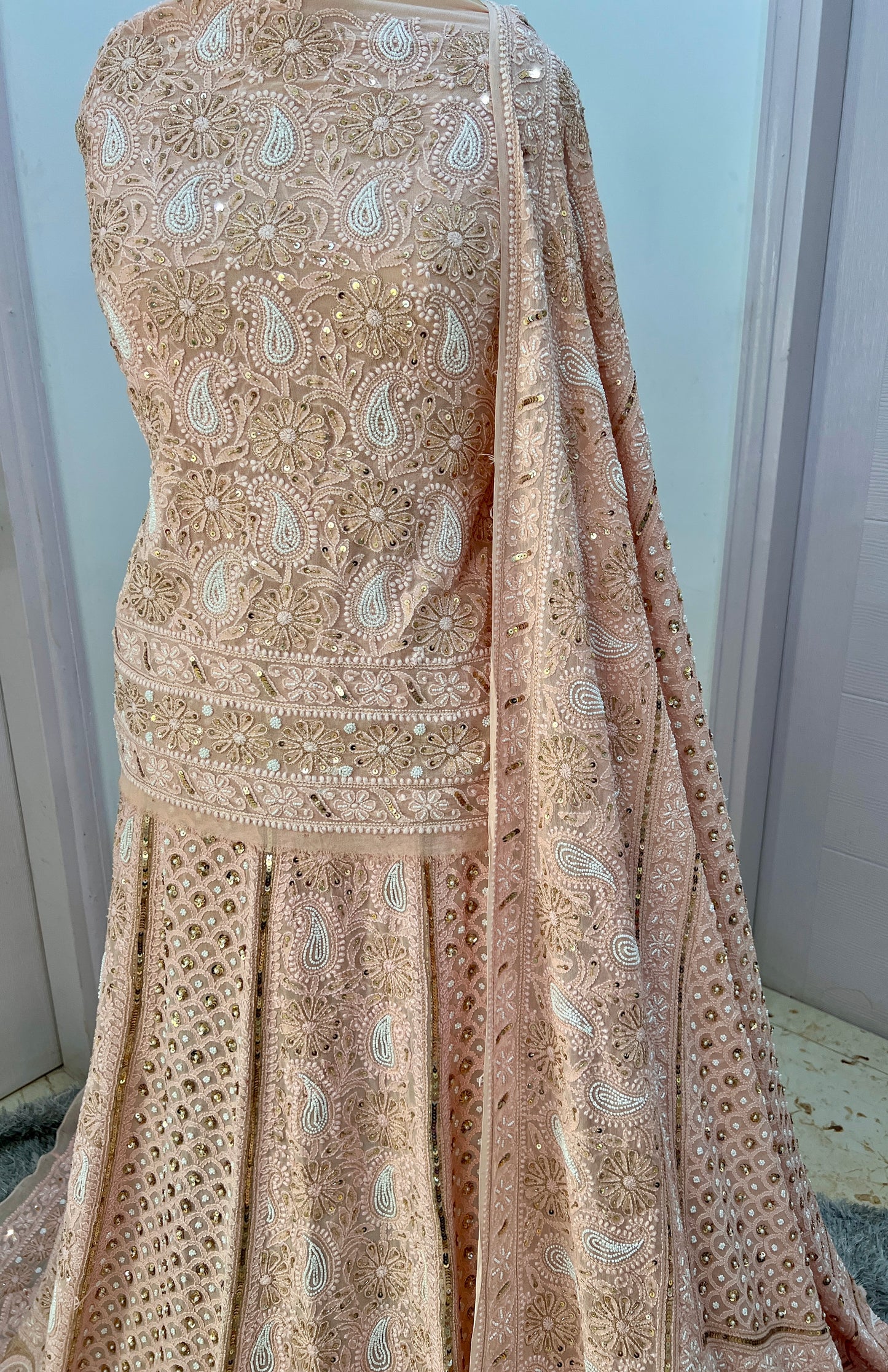 Ruhani Rose Gold Champagne Chikankari pearl and sequins wedding lehenga