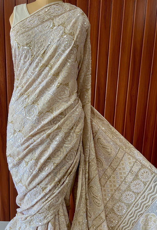 Ruhani Champagne Beige Chikankari Sequins Cut Dana Embroidered Masterpiece Saree