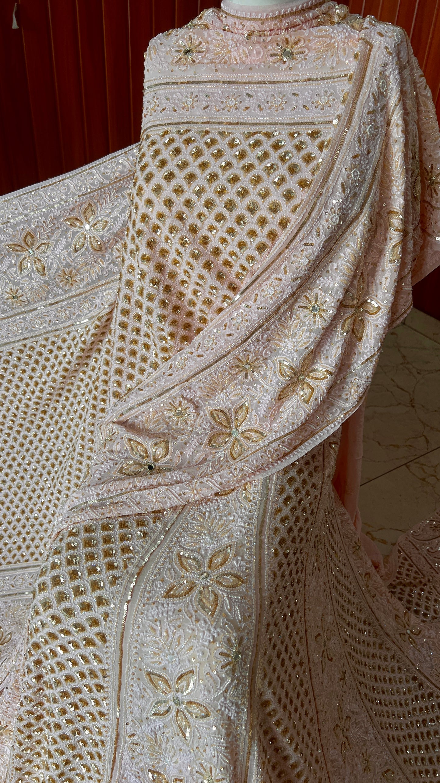 Masterpiece Ruhani Peachish Pink Chikankari Sequins Wedding Lehenga