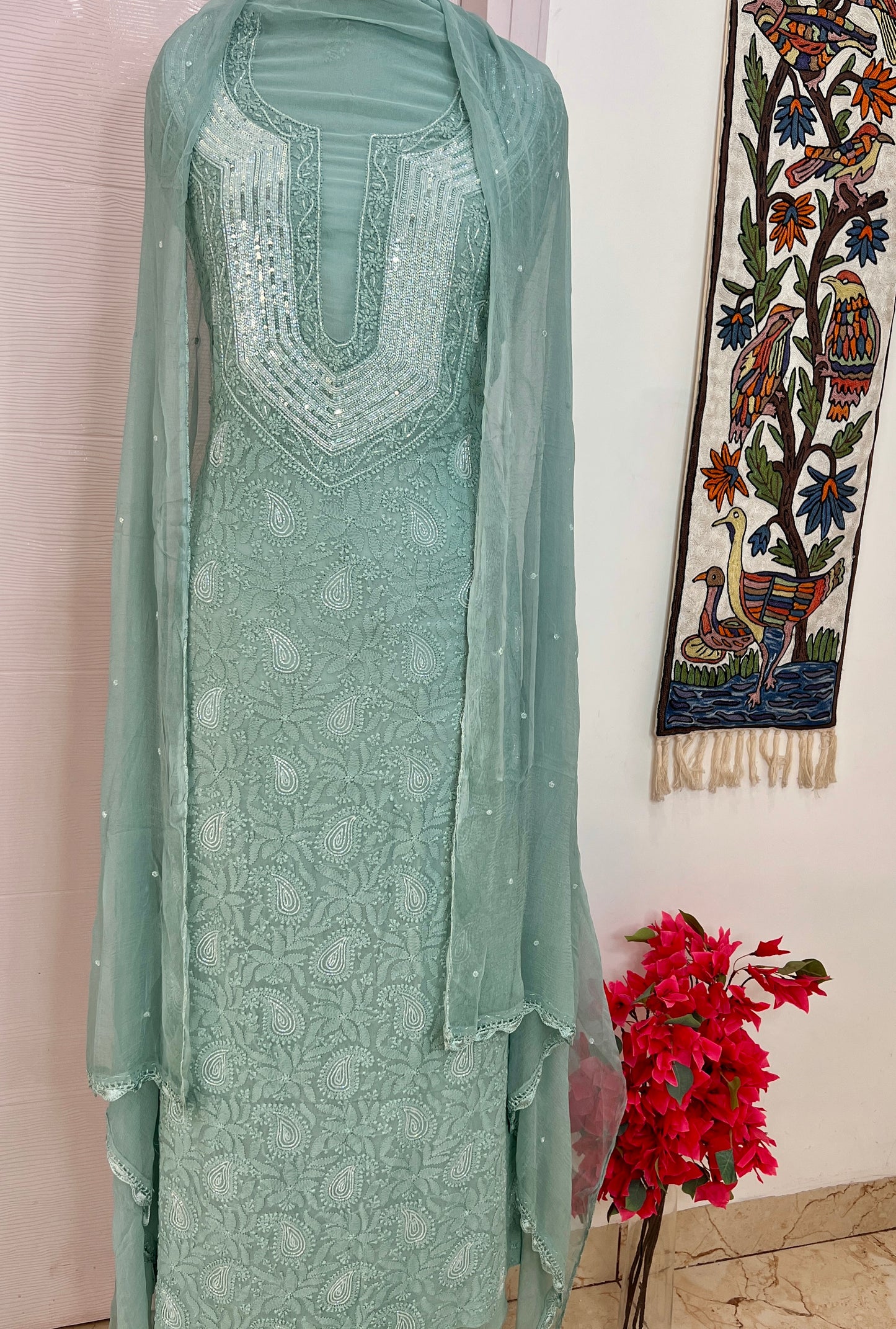 Ocean Blue Chikankari Sequins and Cut Dana Kurta and Dupatta