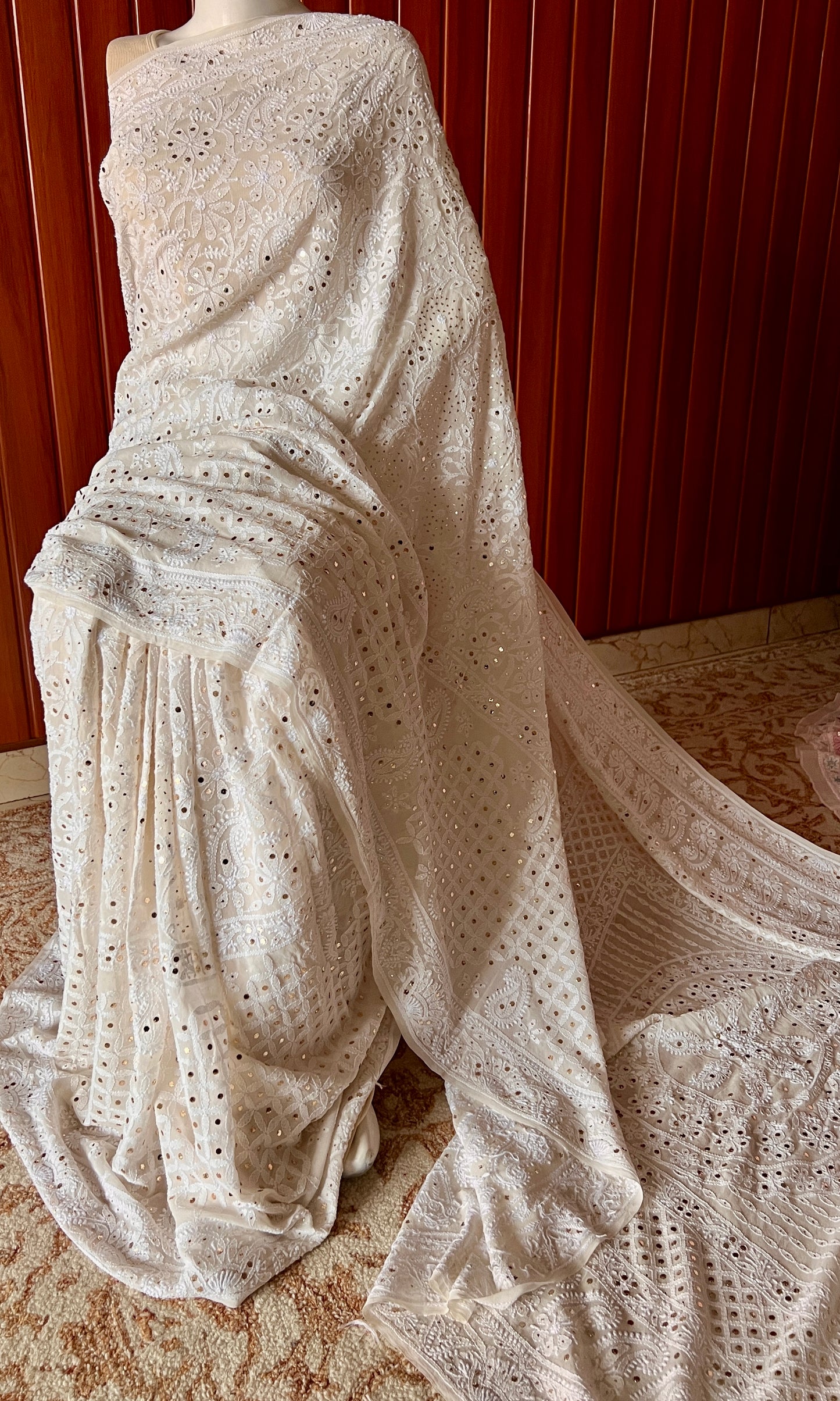 Ivory Ruhani Allover Chikankari and Mukaish Saree