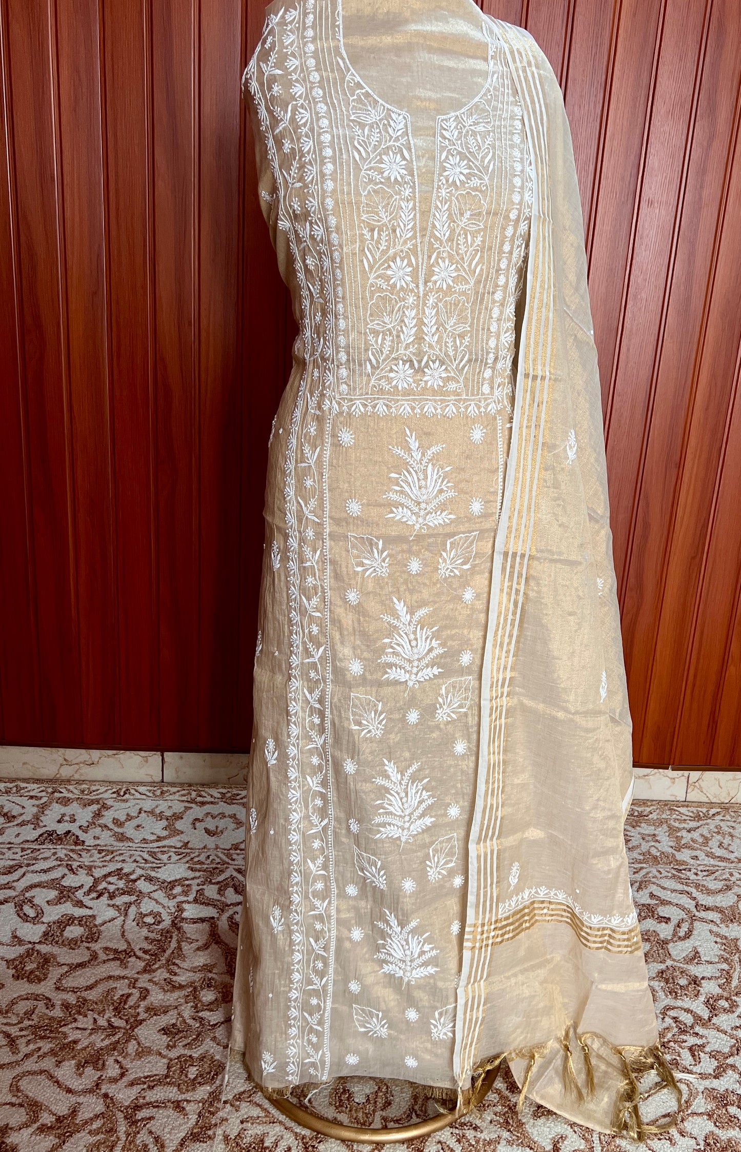 Tissue chanderi silk Chikankari and pearl embroidered kurta and dupatta