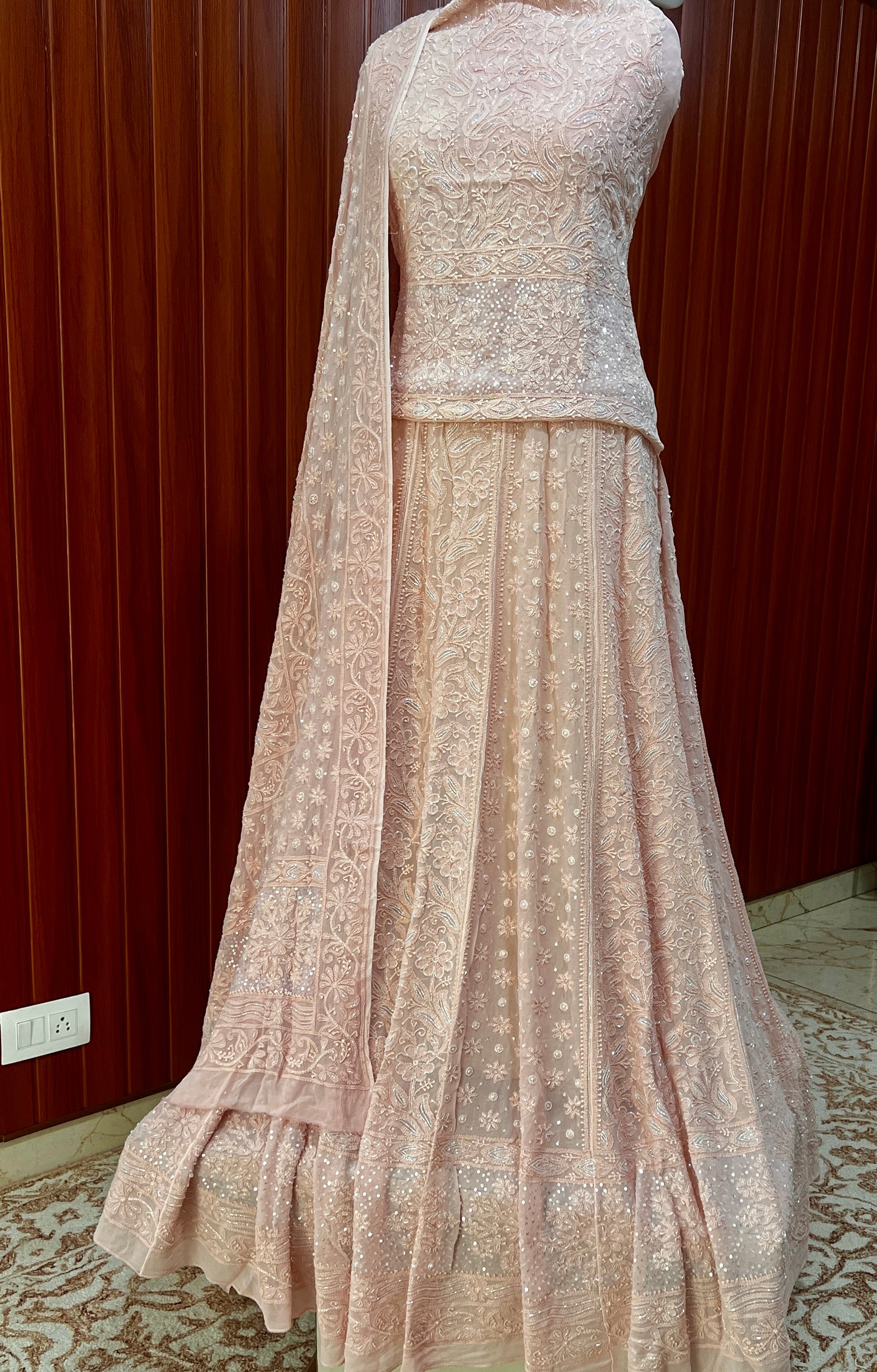 Ruhani Old Rose Chikankari Cut Dana Pearl Sequins Lehenga