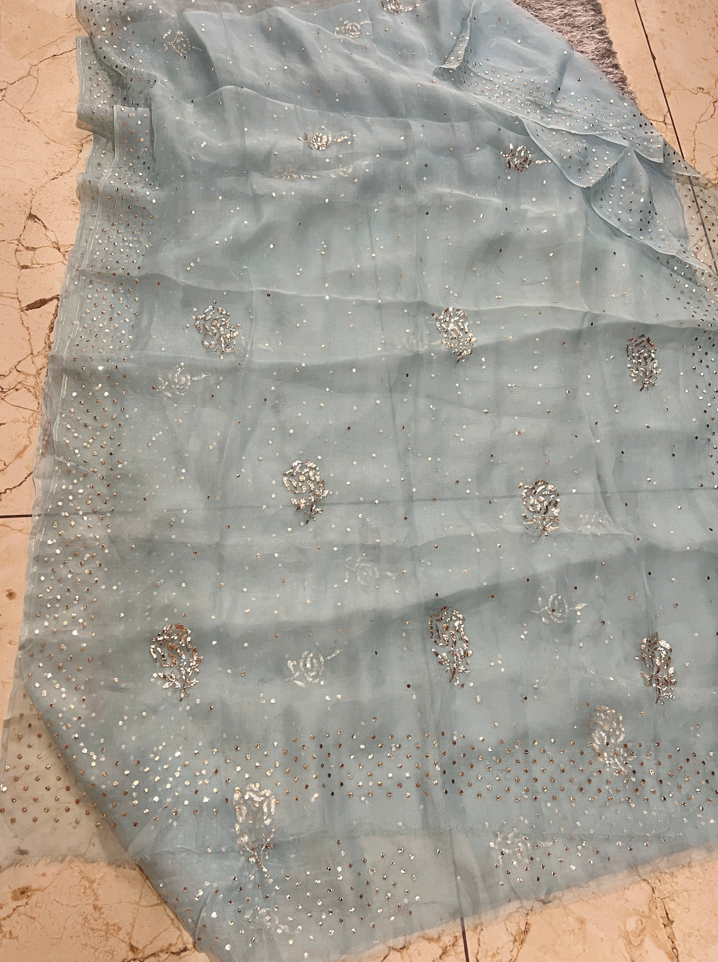 Breezy Blue Pure Organza Saree with Badla and Mukaish Work