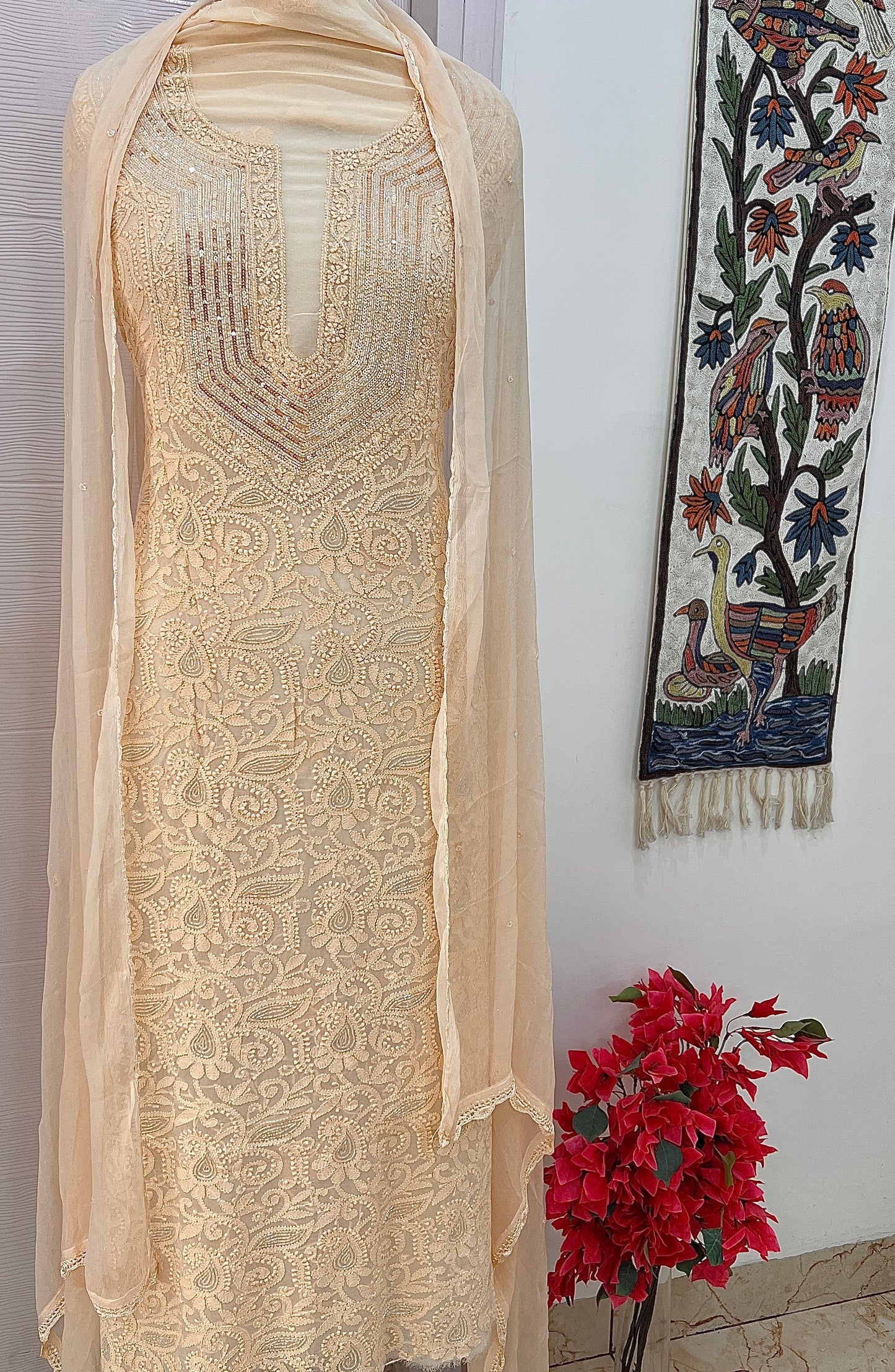 Golden Beige Chikankari Sequins and Cut Dana Kurta and Dupatta