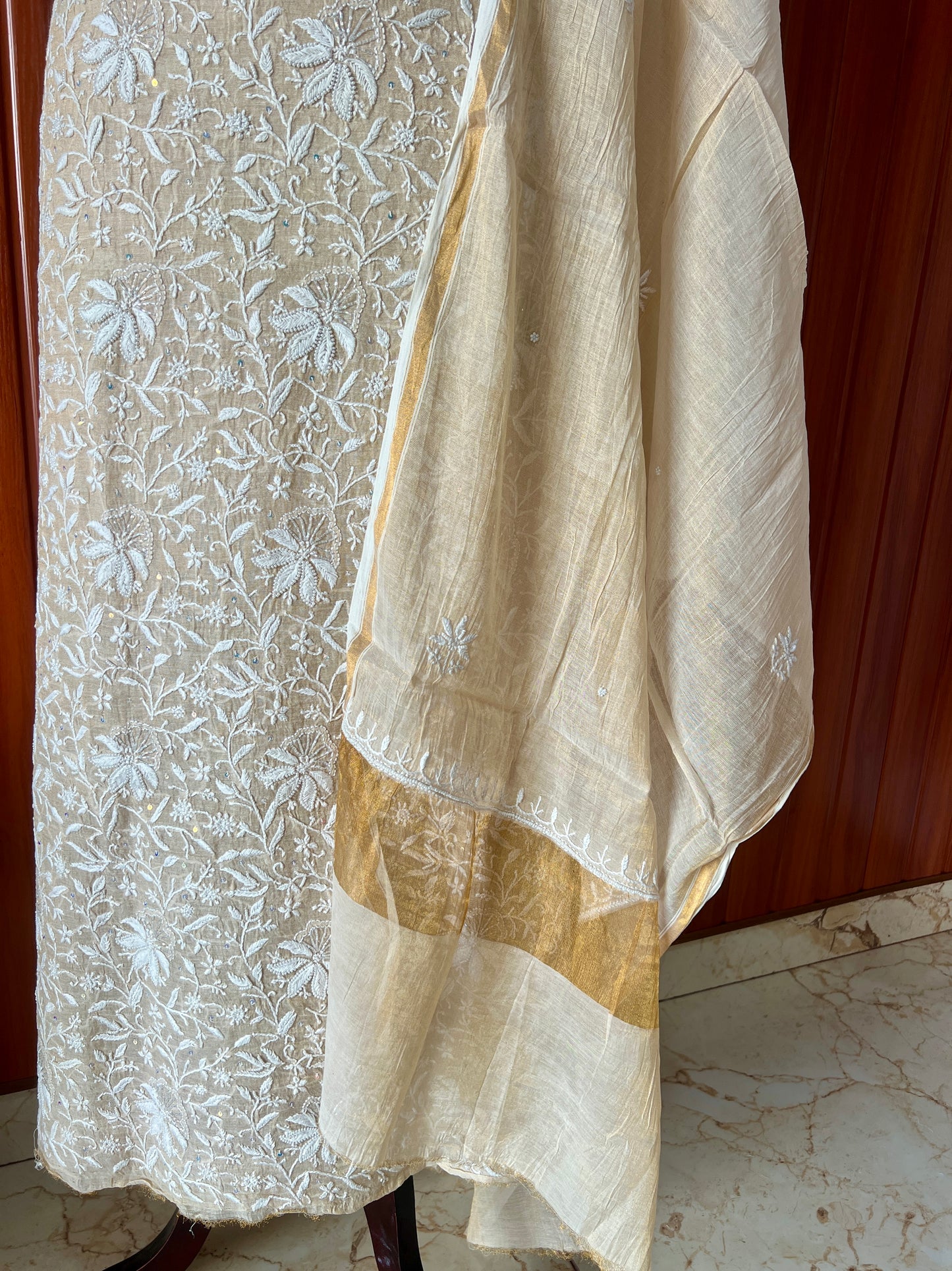 Pure Tissue Chikankari and pearl embroidered kurta and dupatta