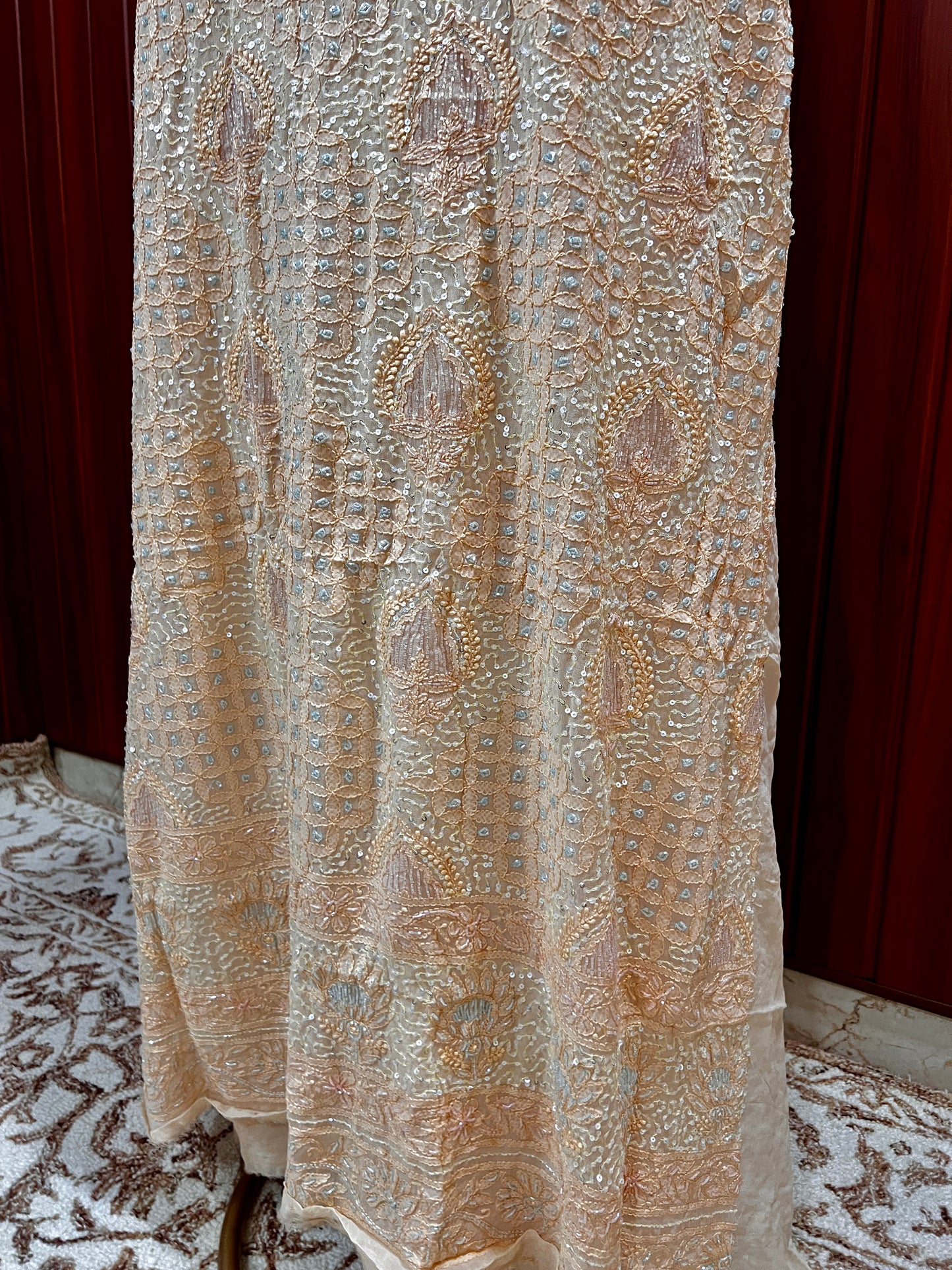 Peachish Orange Chikankari Cut Dana and sequins Kurta and Dupatta