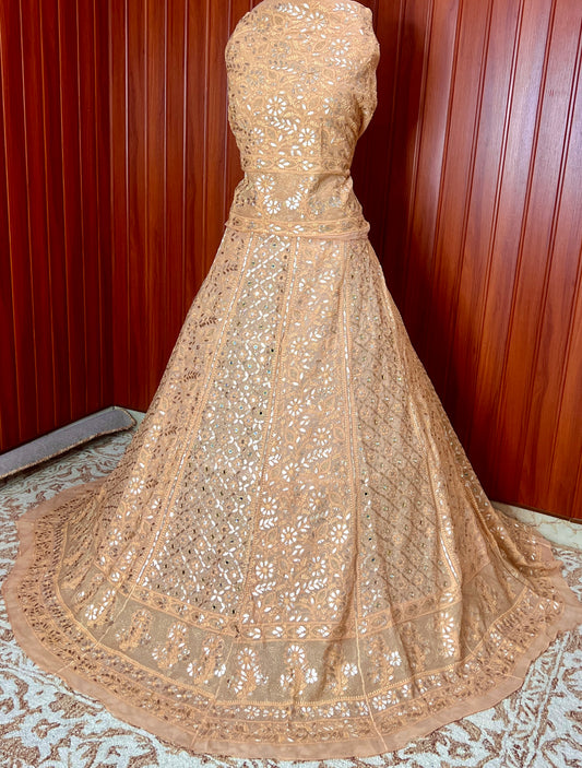 Ruhani Cinnamon Chikankari Mirror and Gota Patti Lehenga Set