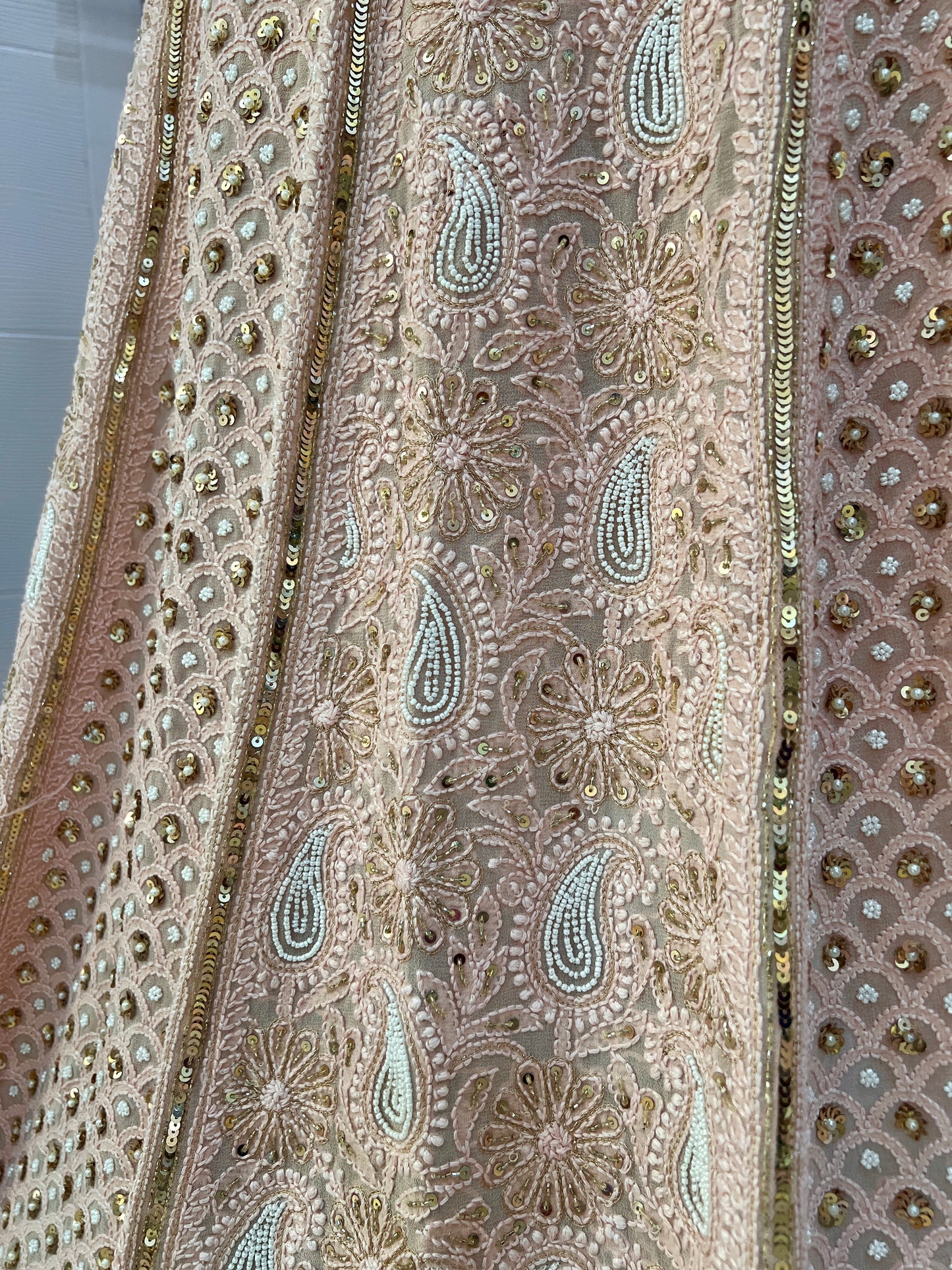 Ruhani Rose Gold Champagne Chikankari pearl and sequins wedding lehenga