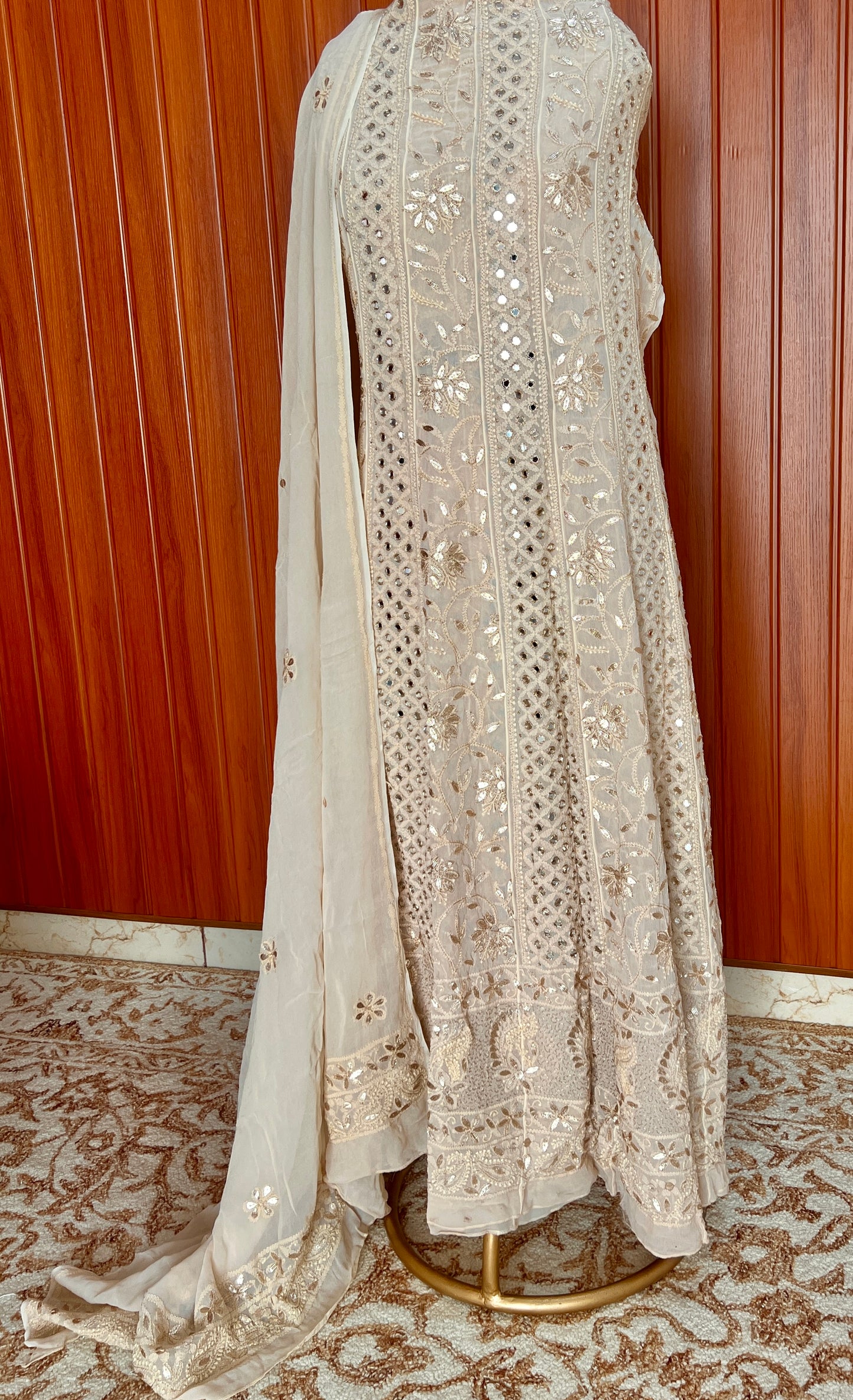 Champagne Chikankari Mirror Gota Patti Anarkali with Dupatta