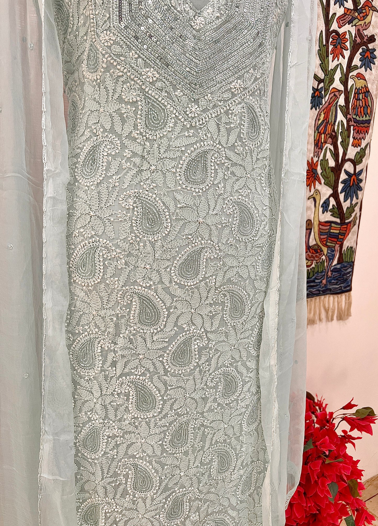 Powder Blue Chikankari Sequins and Cut Dana Kurta and Dupatta