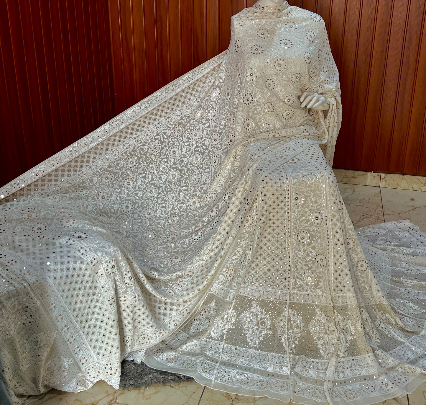 Off white Ruhani Chikankari and Mukaish Lehenga