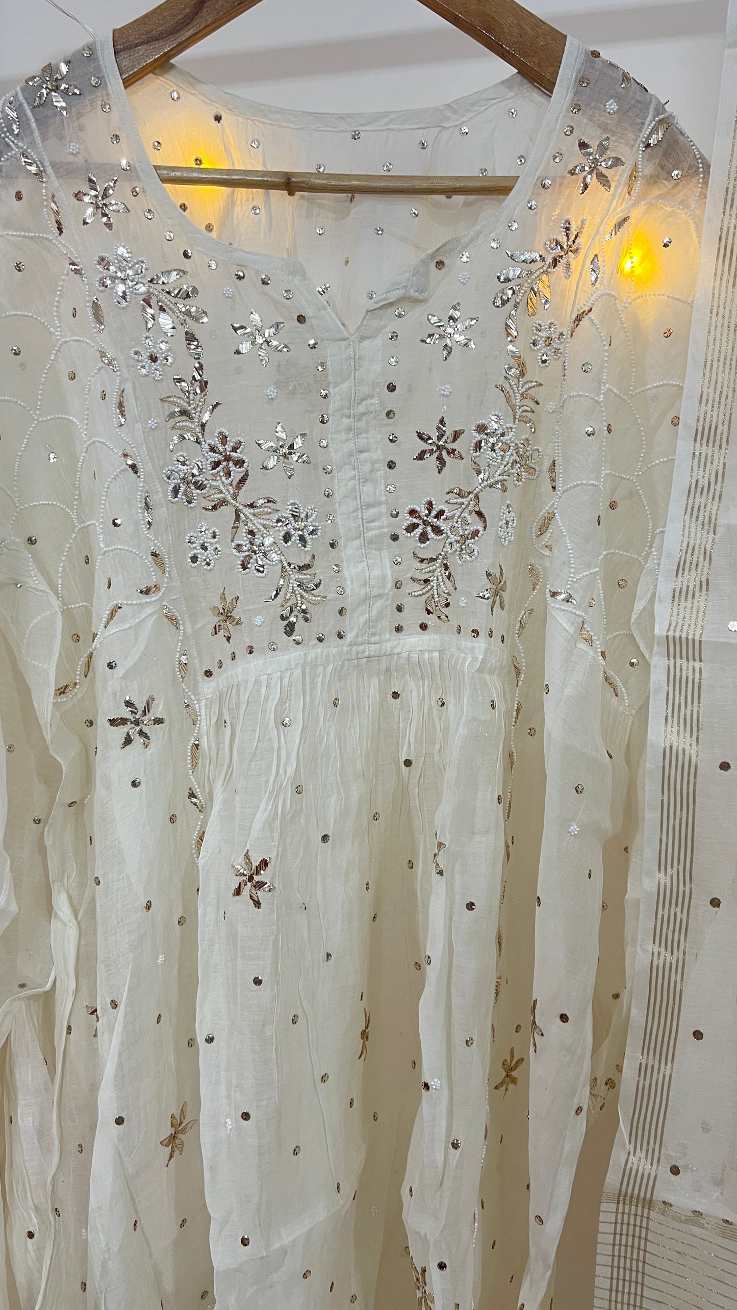 Ivory Badla Mukaish and pearl work Mul Chanderi Sharara Suit