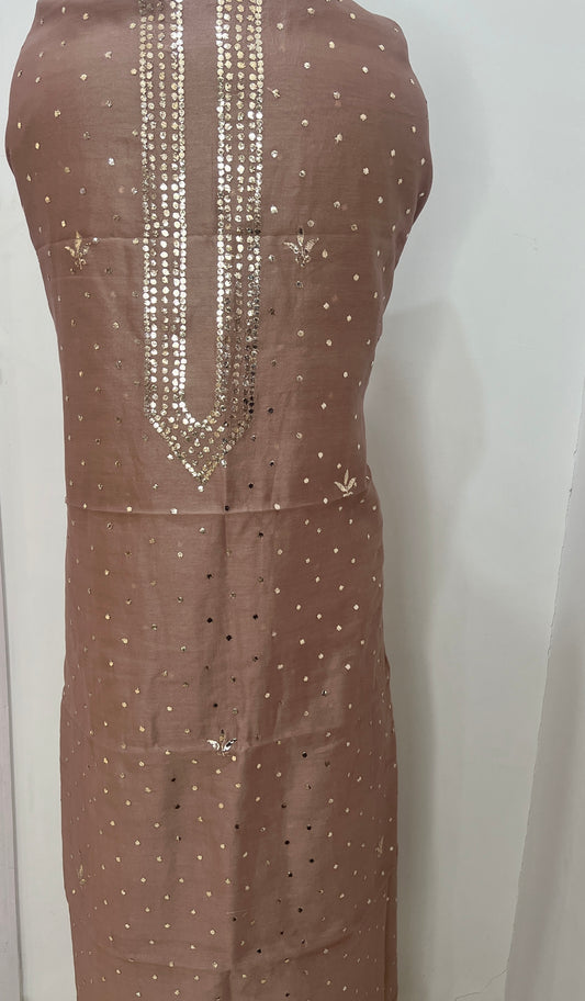 Light brown Brown Chanderi Silk Kurta Fabric with Allover Mukaish work