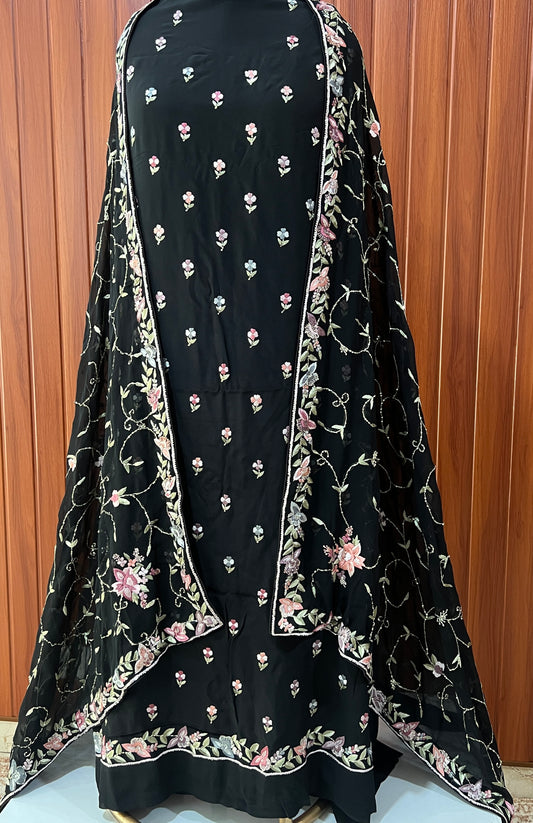 Black hand embroidered parsi gara pure crepe full suit