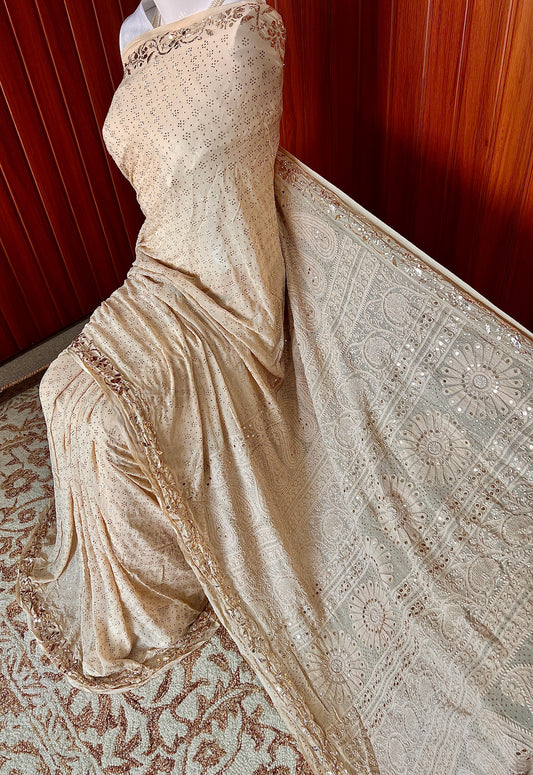 Ruhani Golden Beige Badla Mukaish and chikankari Pure Georgette Saree