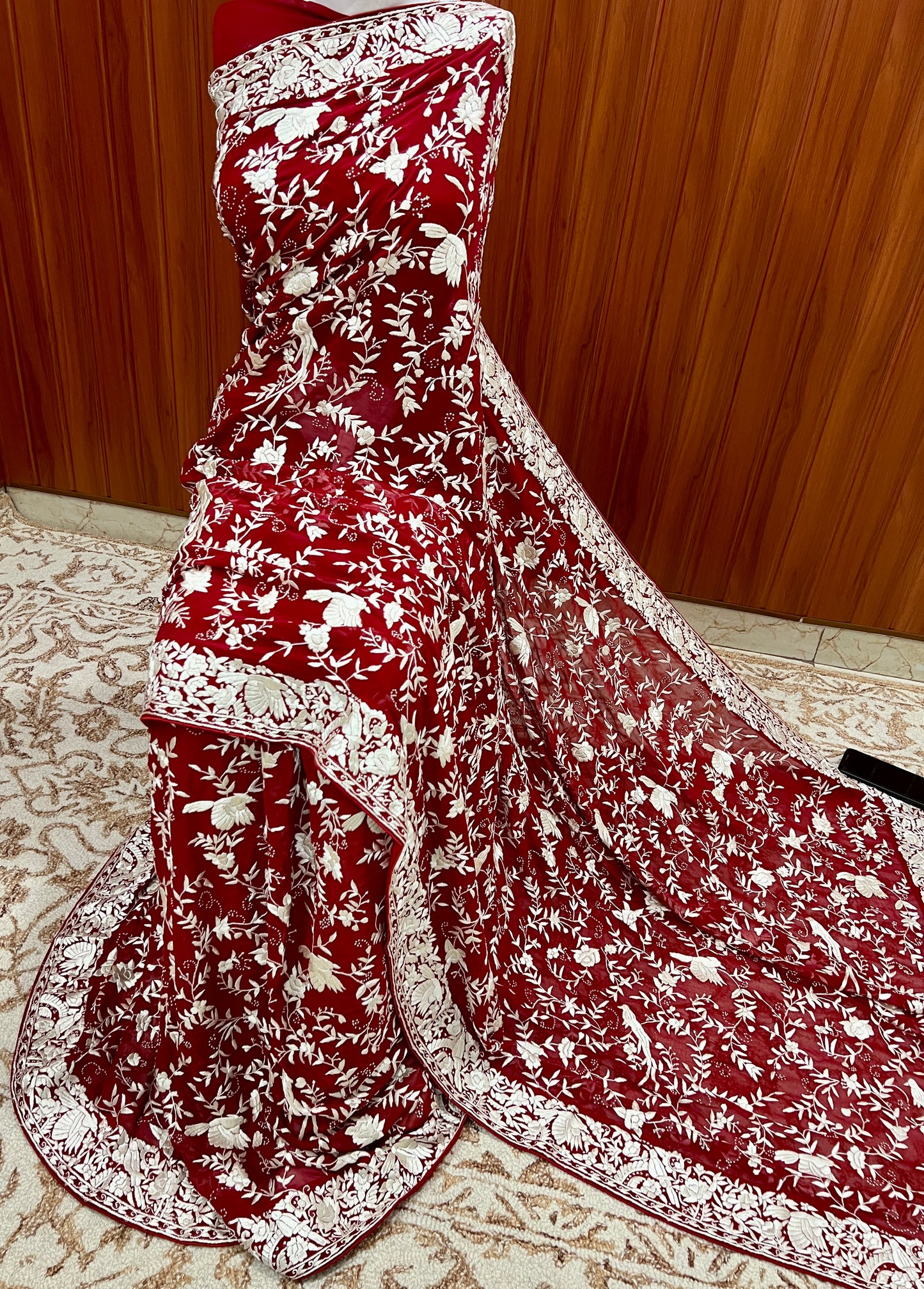 Deep Red Masterpiece Parsi Gara Hand Embroidered Saree