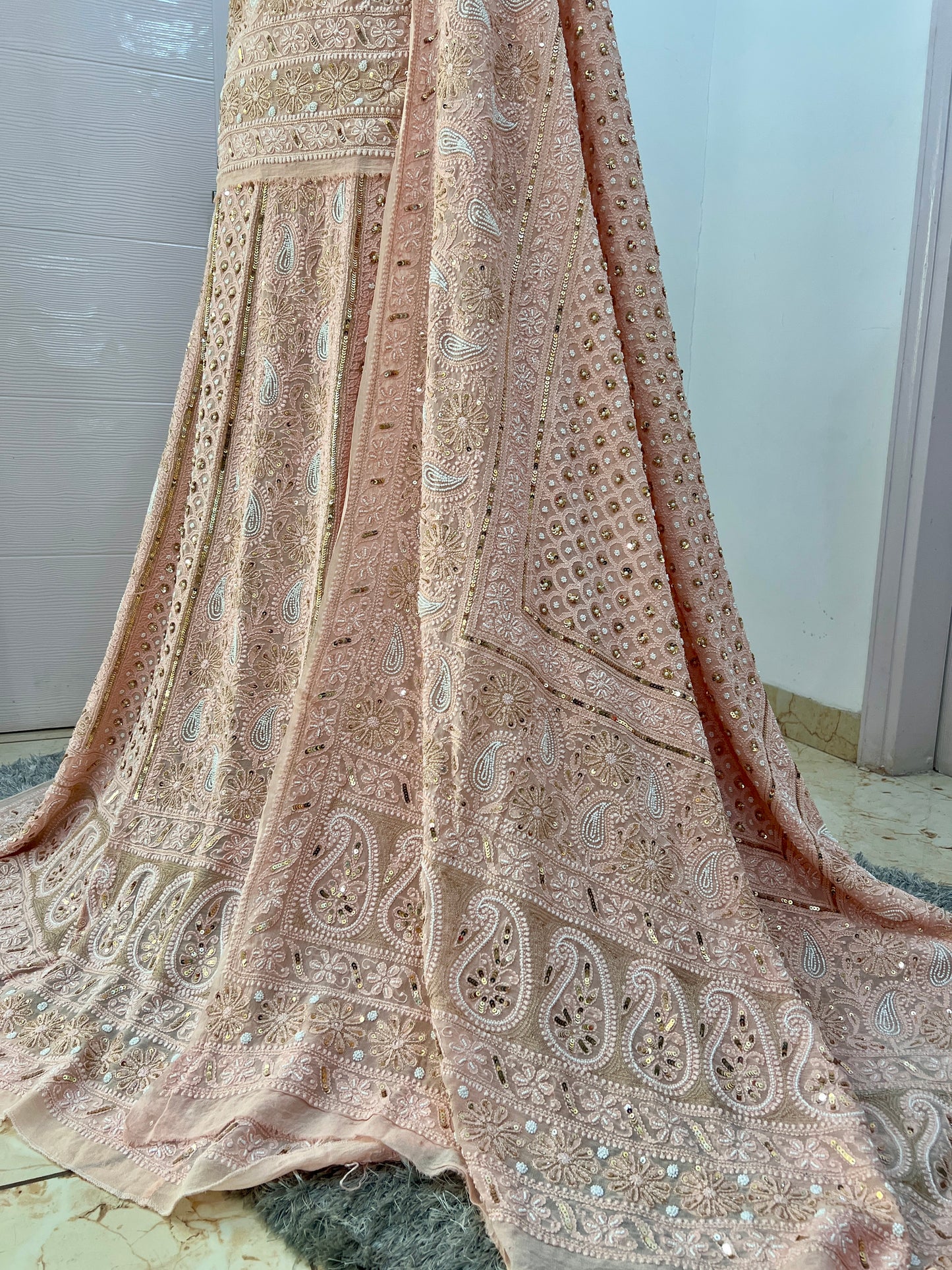 Ruhani Rose Gold Champagne Chikankari pearl and sequins wedding lehenga