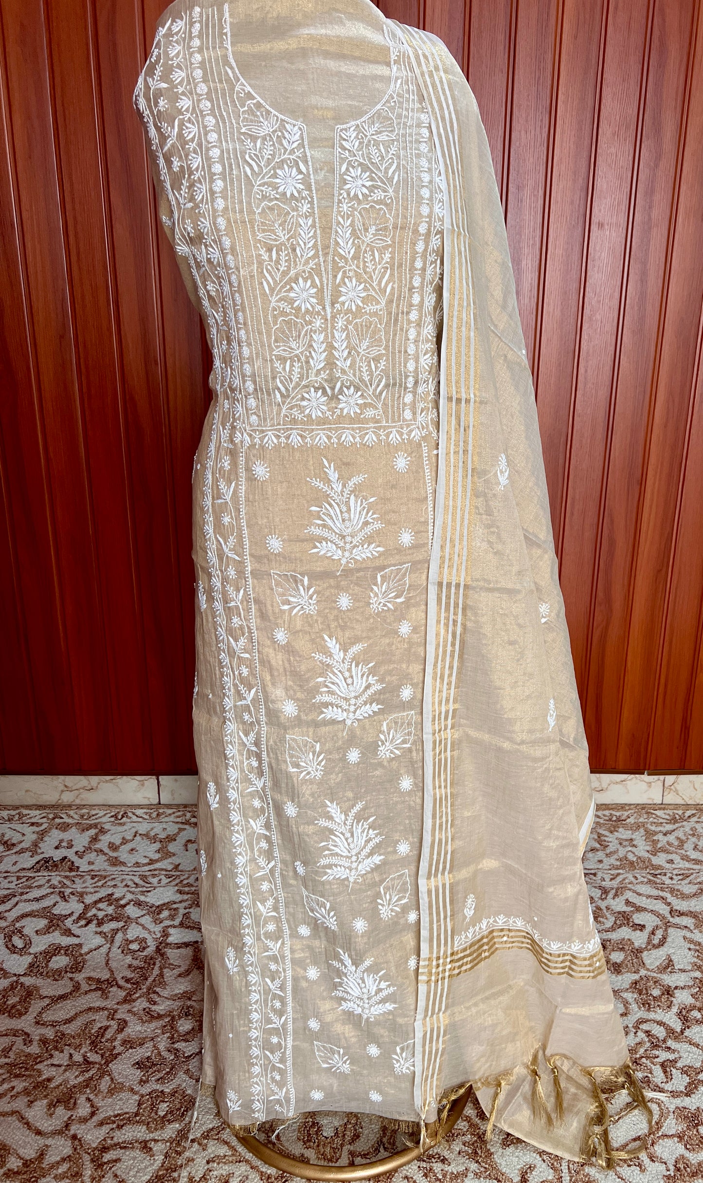 Tissue chanderi silk Chikankari and pearl embroidered kurta and dupatta