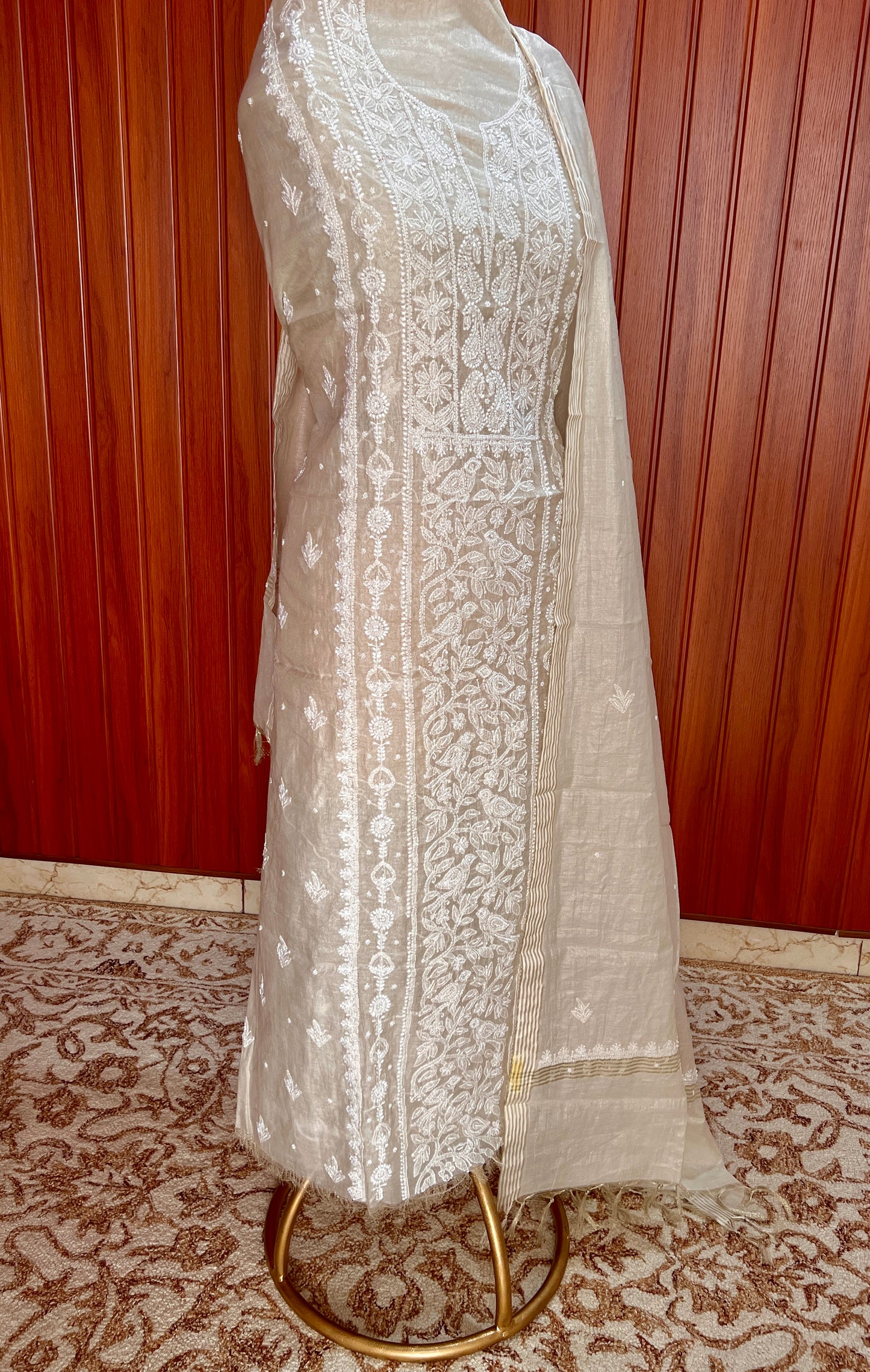 Tissue chanderi silk Chikankari and pearl embroidered kurta and dupatta