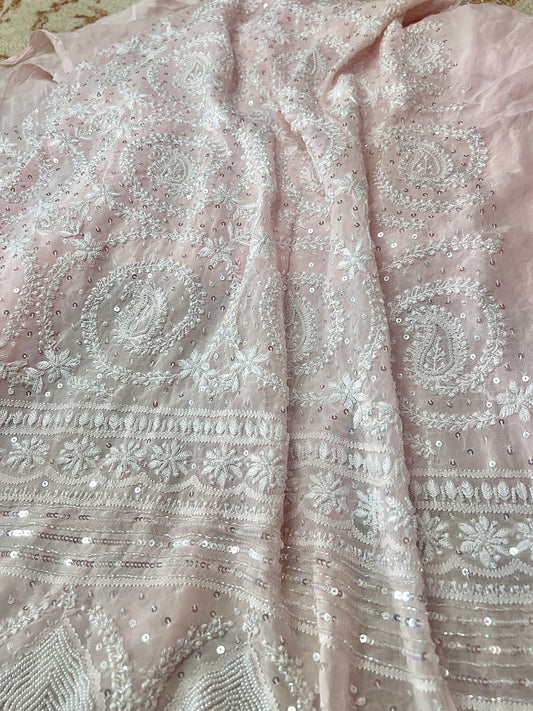 Ruhani Pink Suit with Chikankari Sequins Pearl and Cut Dana