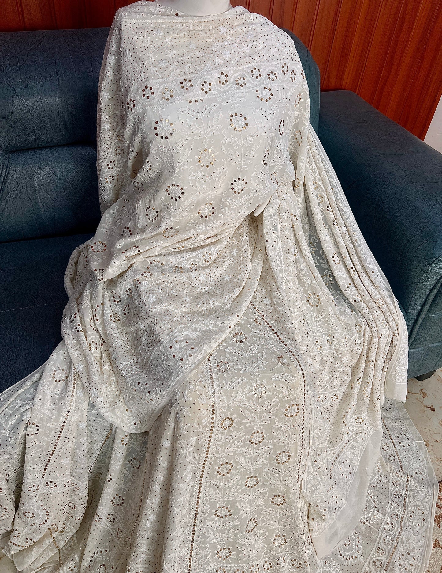 Ruhani fine Chikankari and intricate Mukaish Lehenga Set