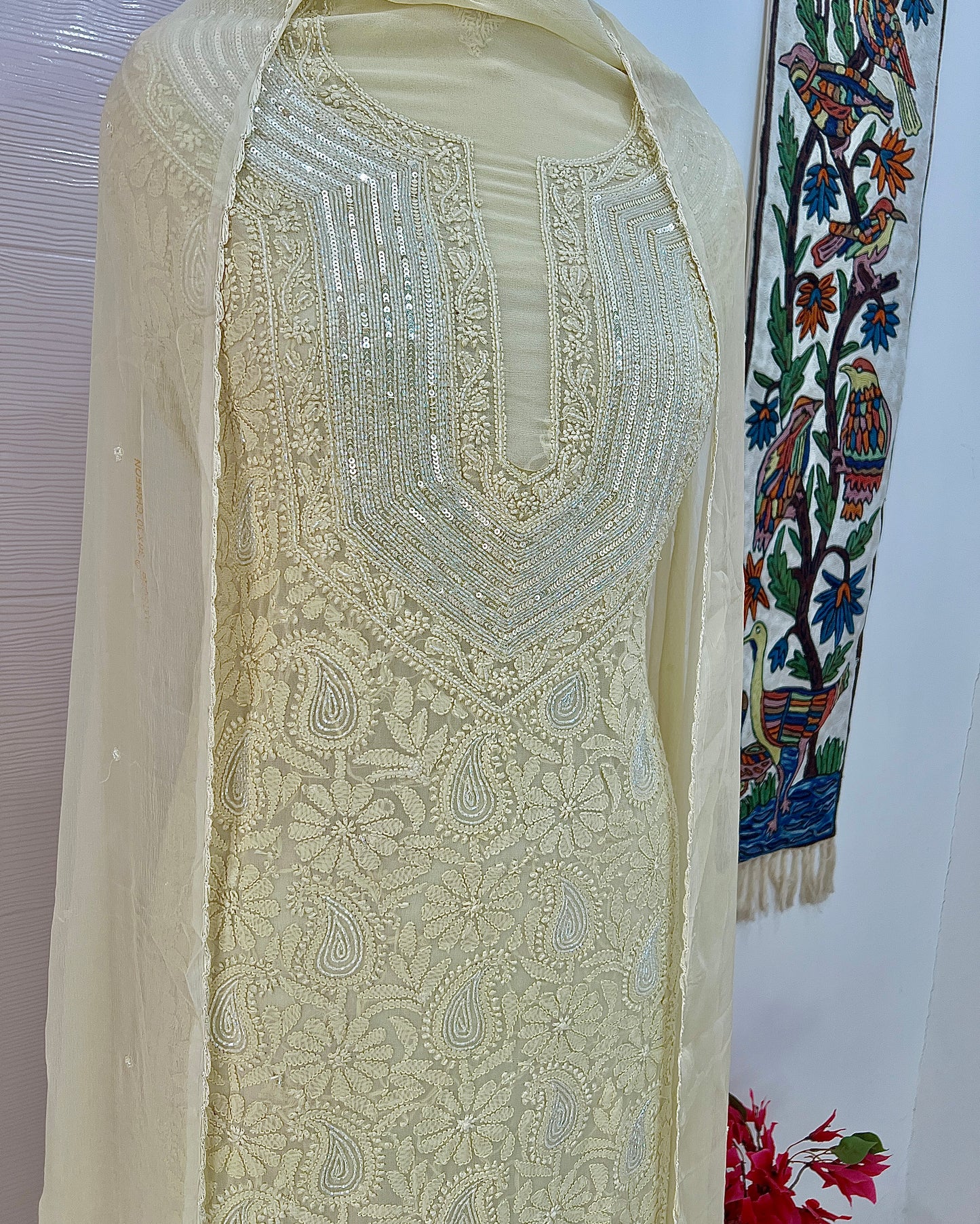 Lime green Chikankari Sequins and Cut Dana Kurta and Dupatta