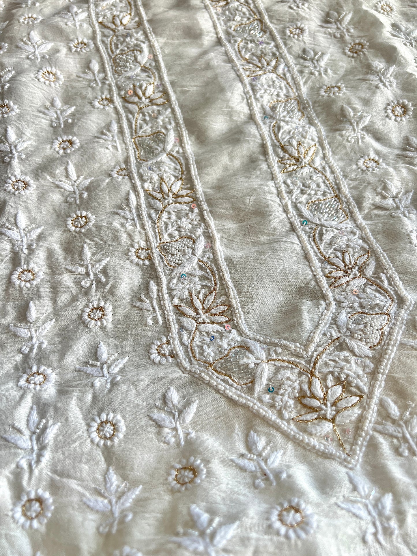 Ivory Chanderi Silk Chikankari Kurta Fabric