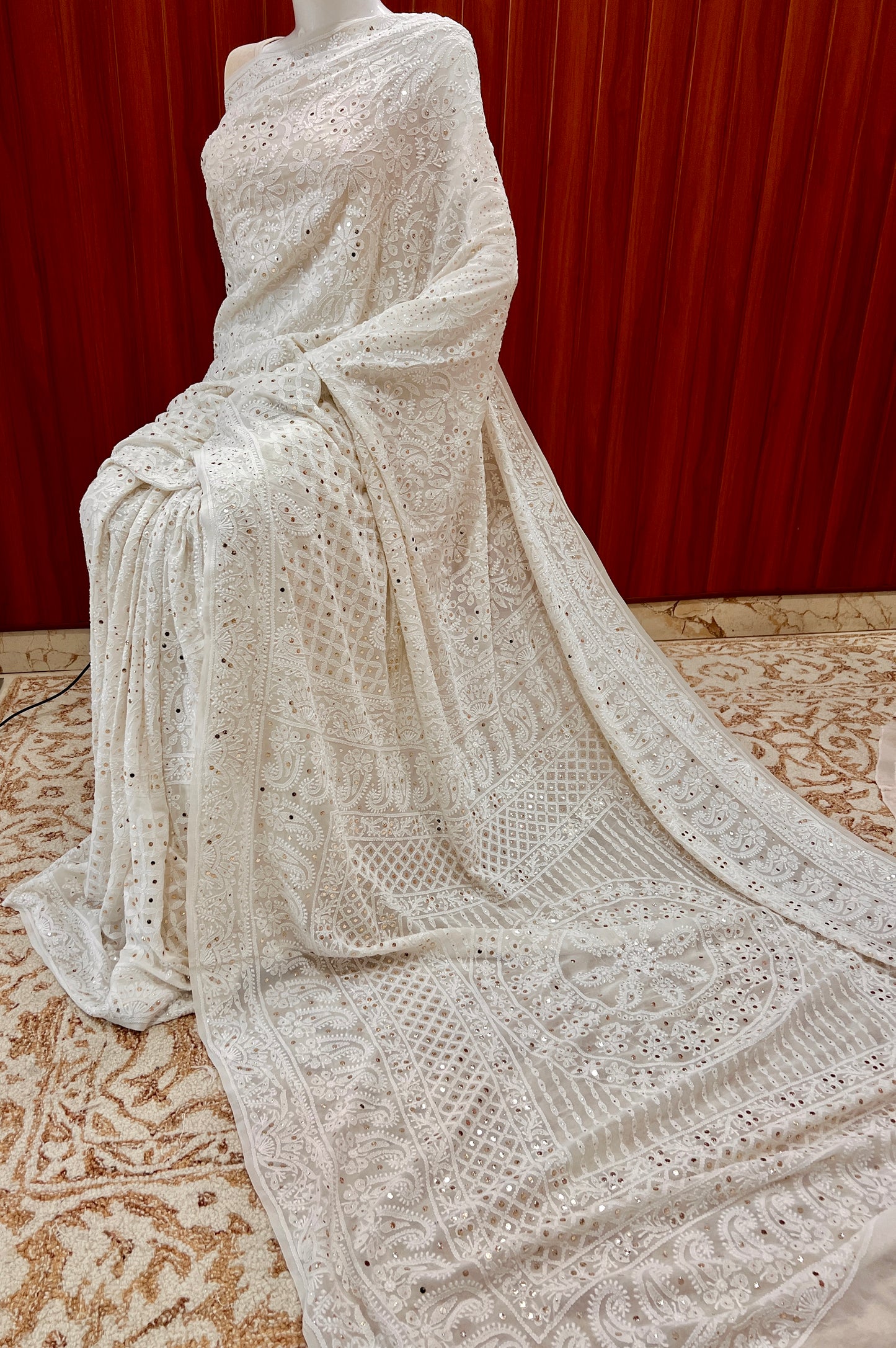 Ivory Ruhani Allover Chikankari and Mukaish Saree