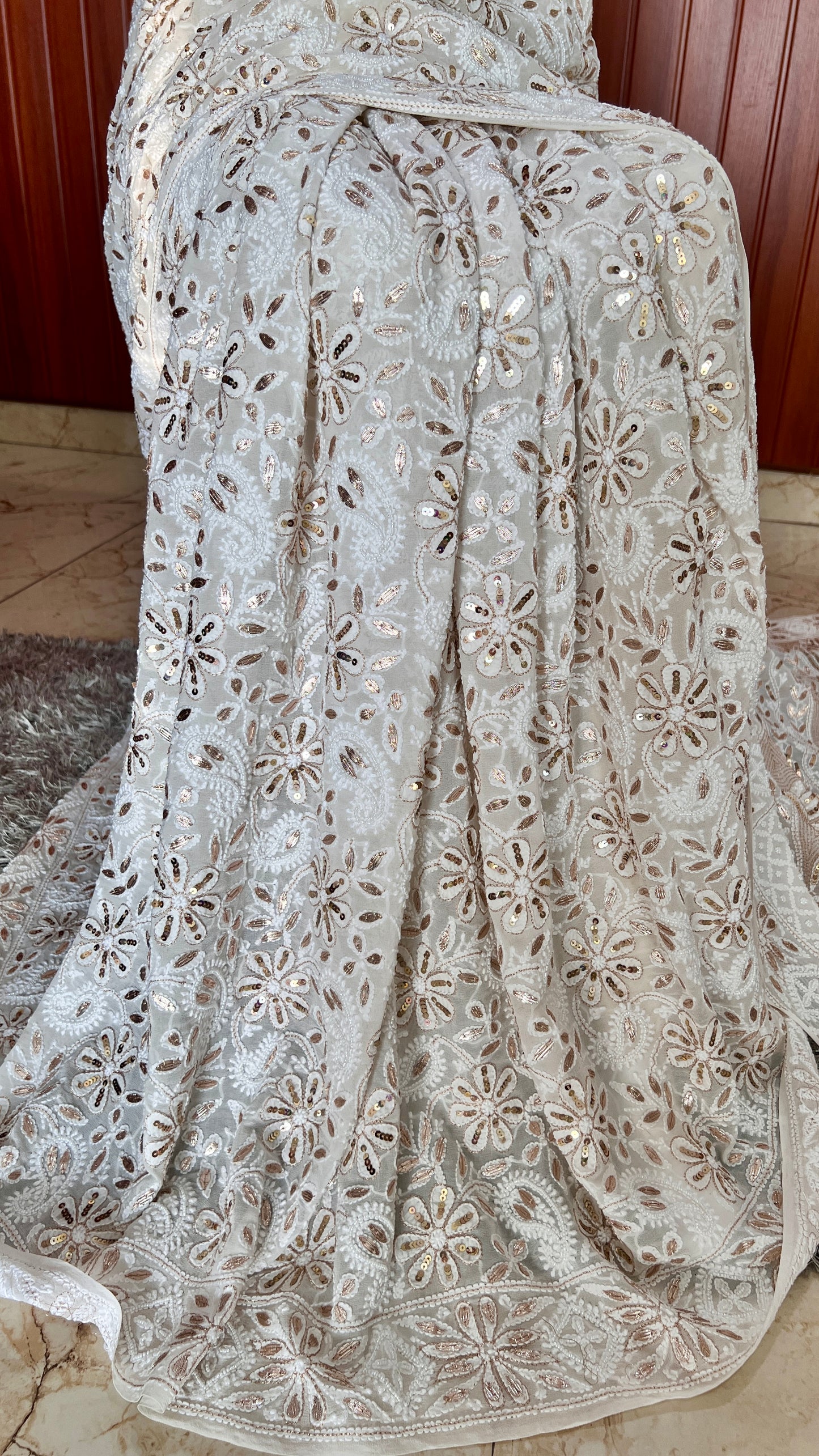 Ruhani Ivory Chikankari Saree with Gota Patti Sequins Pearl and Aari Embroidery