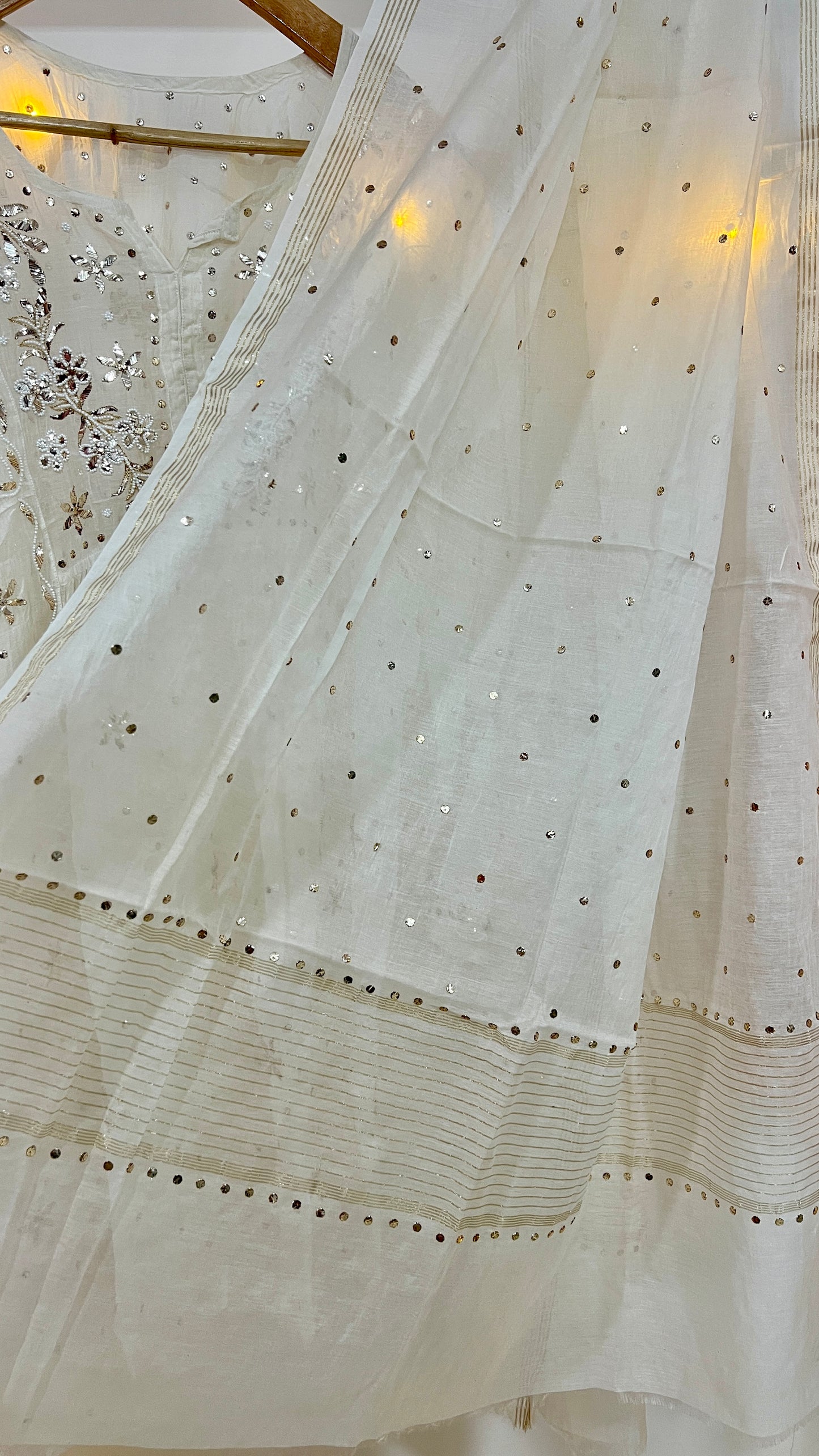 Ivory Badla Mukaish and pearl work Mul Chanderi Sharara Suit