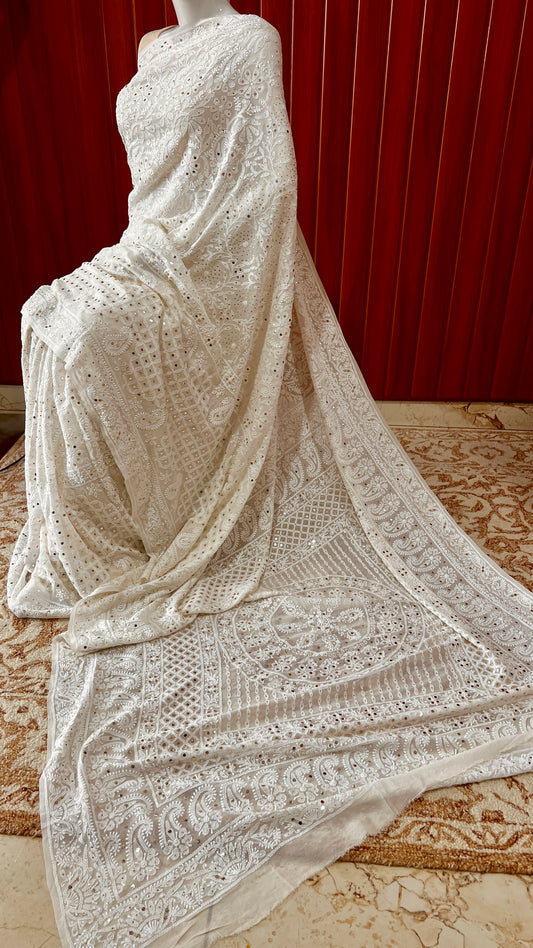 Ivory Ruhani Allover Chikankari and Mukaish Saree