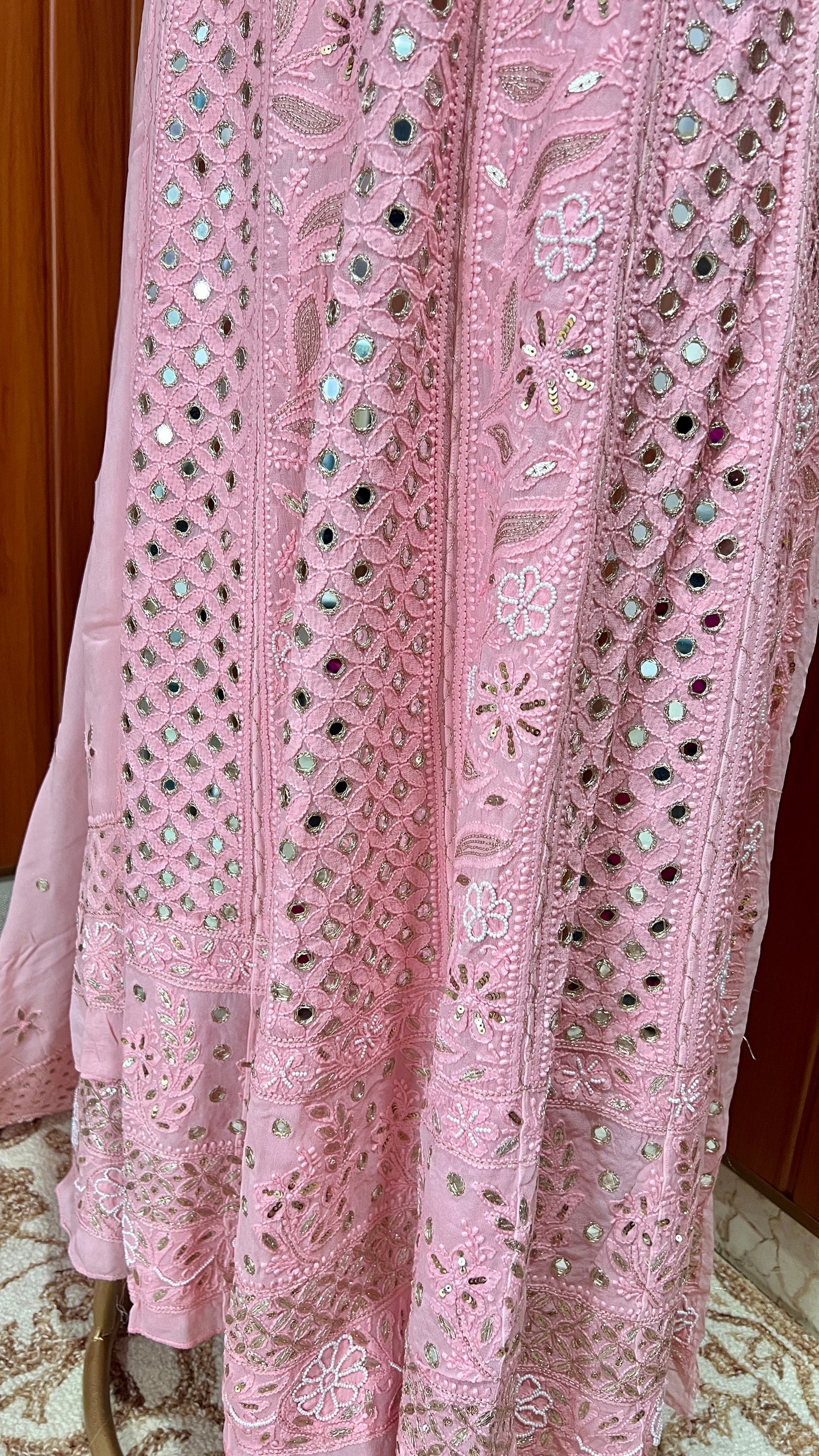 Coral Pink Chikankari Mirror Pearl Sequins Anarkali with Dupatta