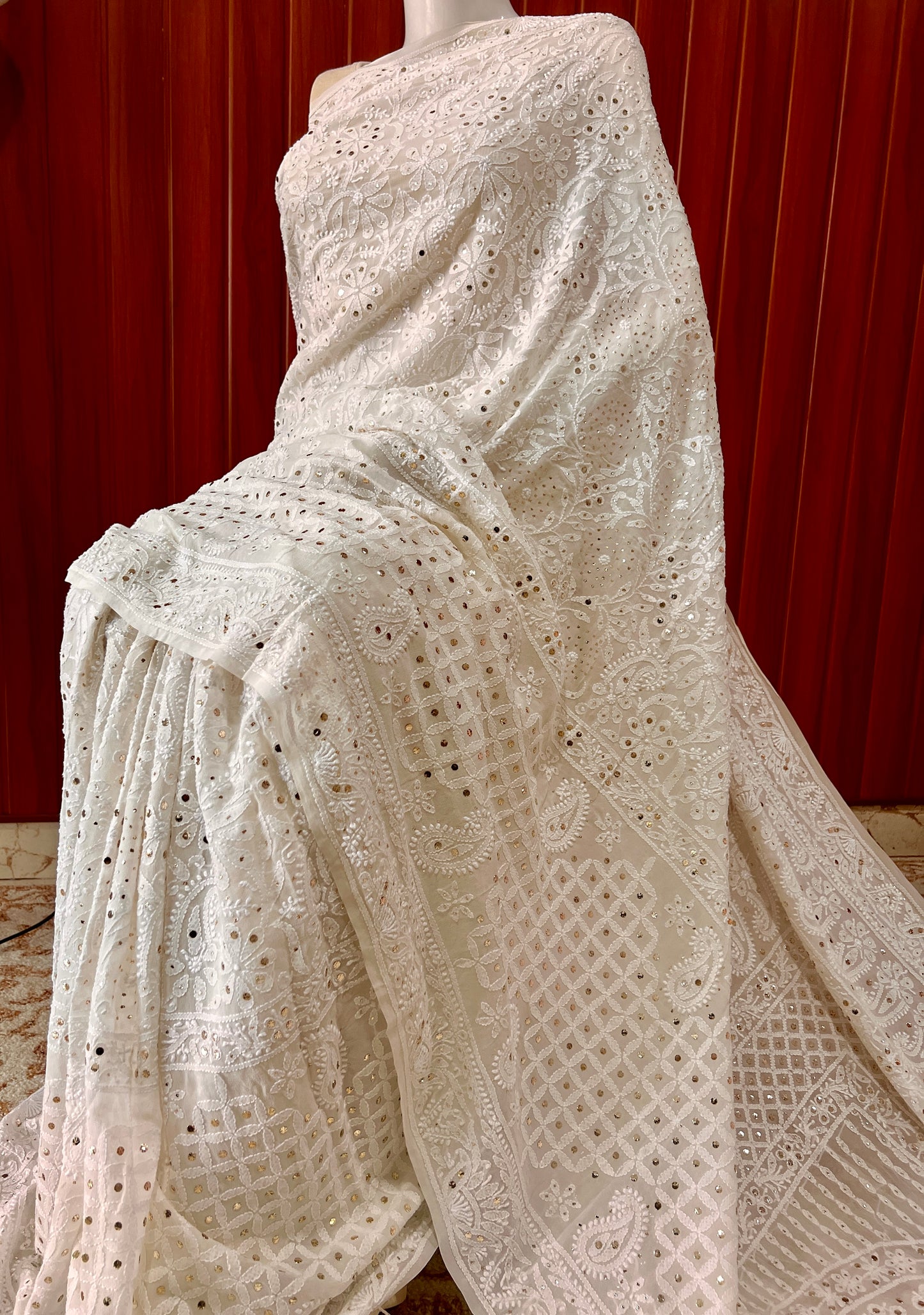 Ivory Ruhani Allover Chikankari and Mukaish Saree