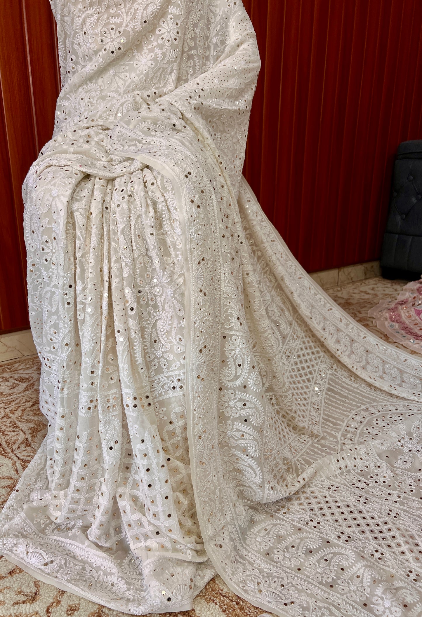 Ivory Ruhani Allover Chikankari and Mukaish Saree