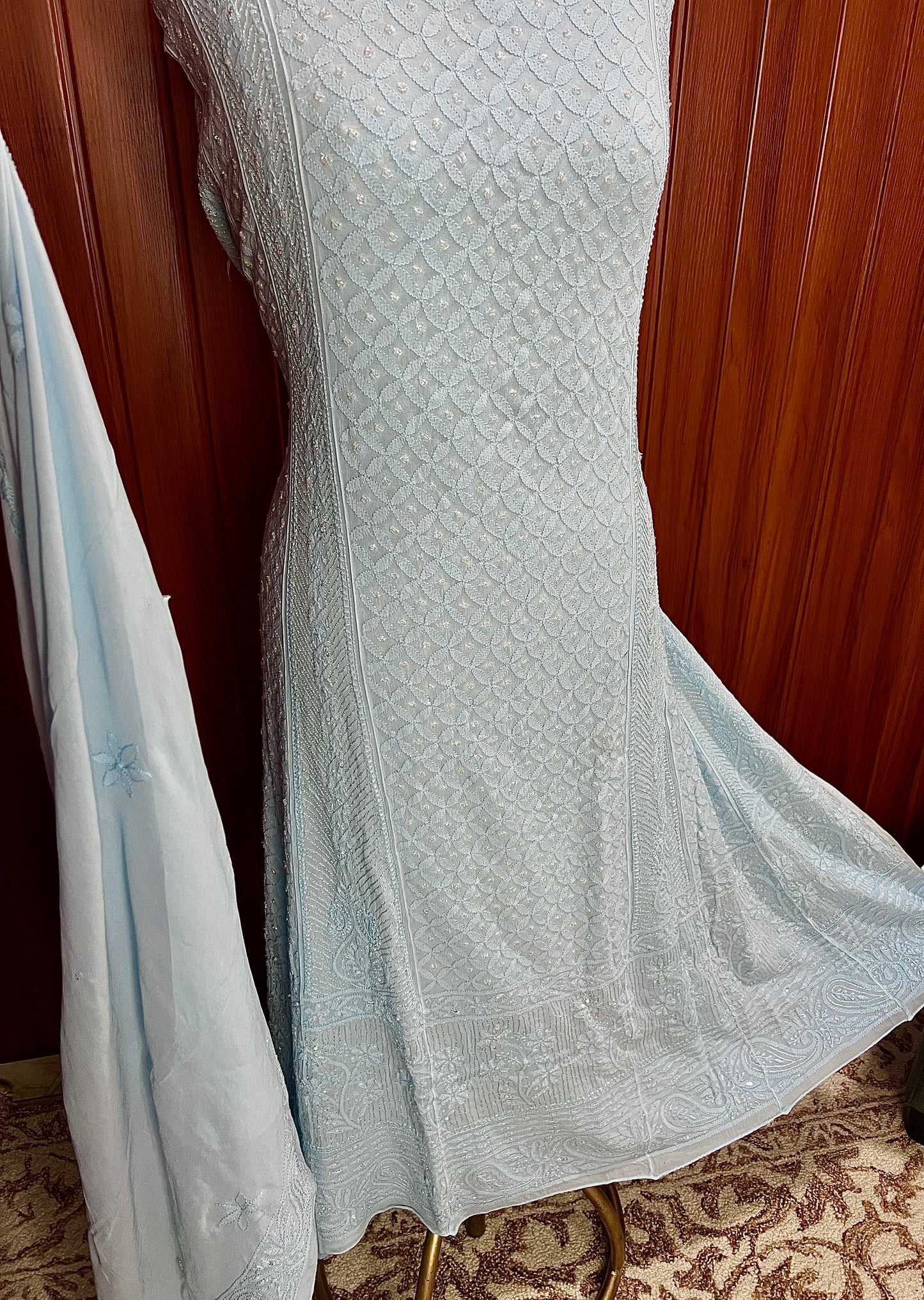 Sky Blue Chikankari and Cut Dana Embroidered Anarkali with Dupatta