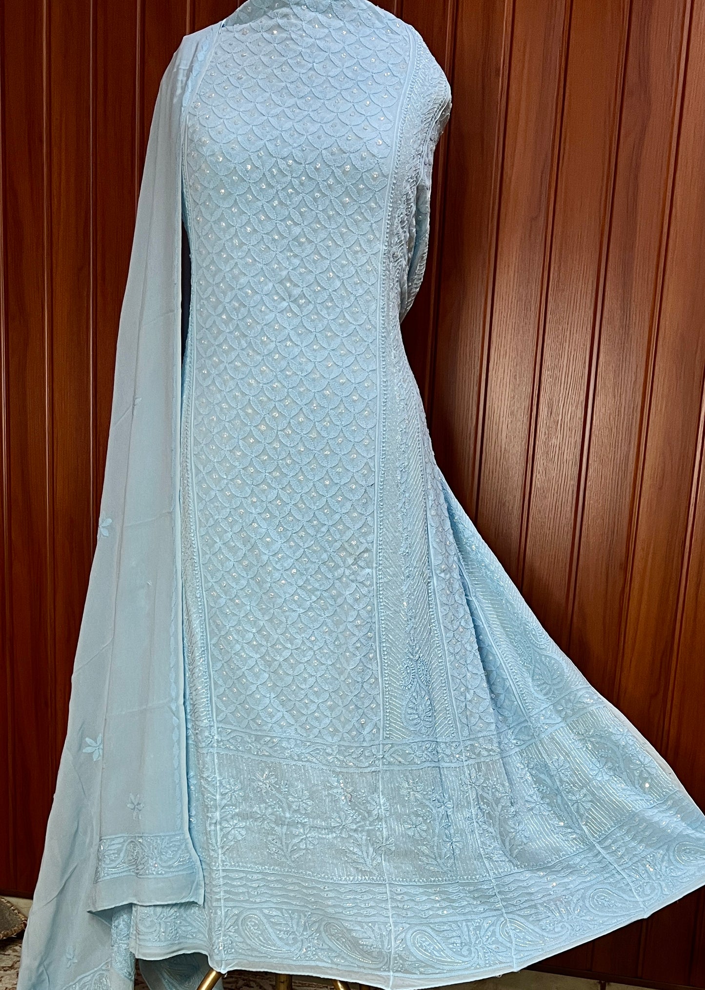 Sky Blue Chikankari and Cut Dana Embroidered Anarkali with Dupatta