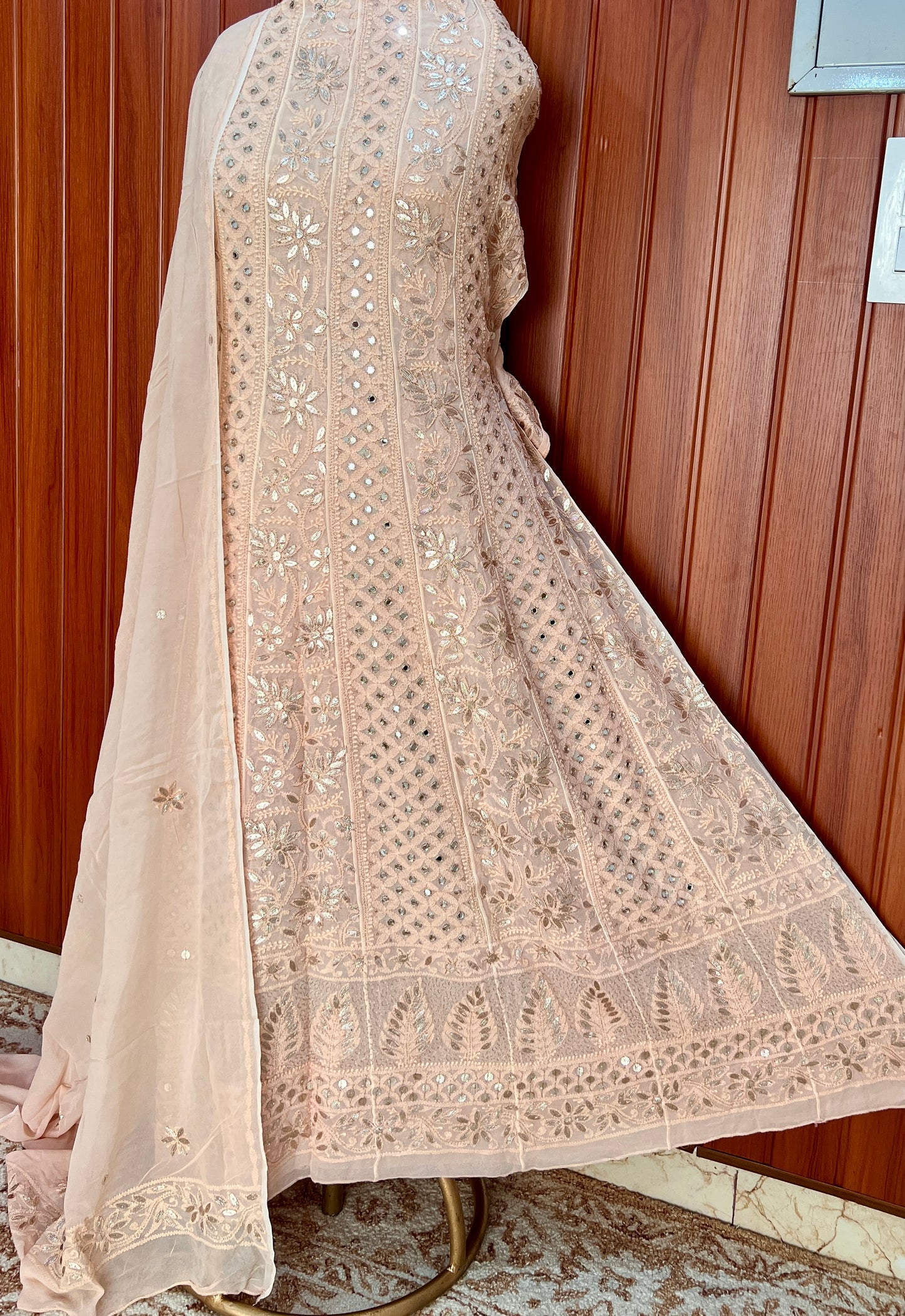 Golden Beige Chikankari Mirror Gota Patti Anarkali with Dupattae