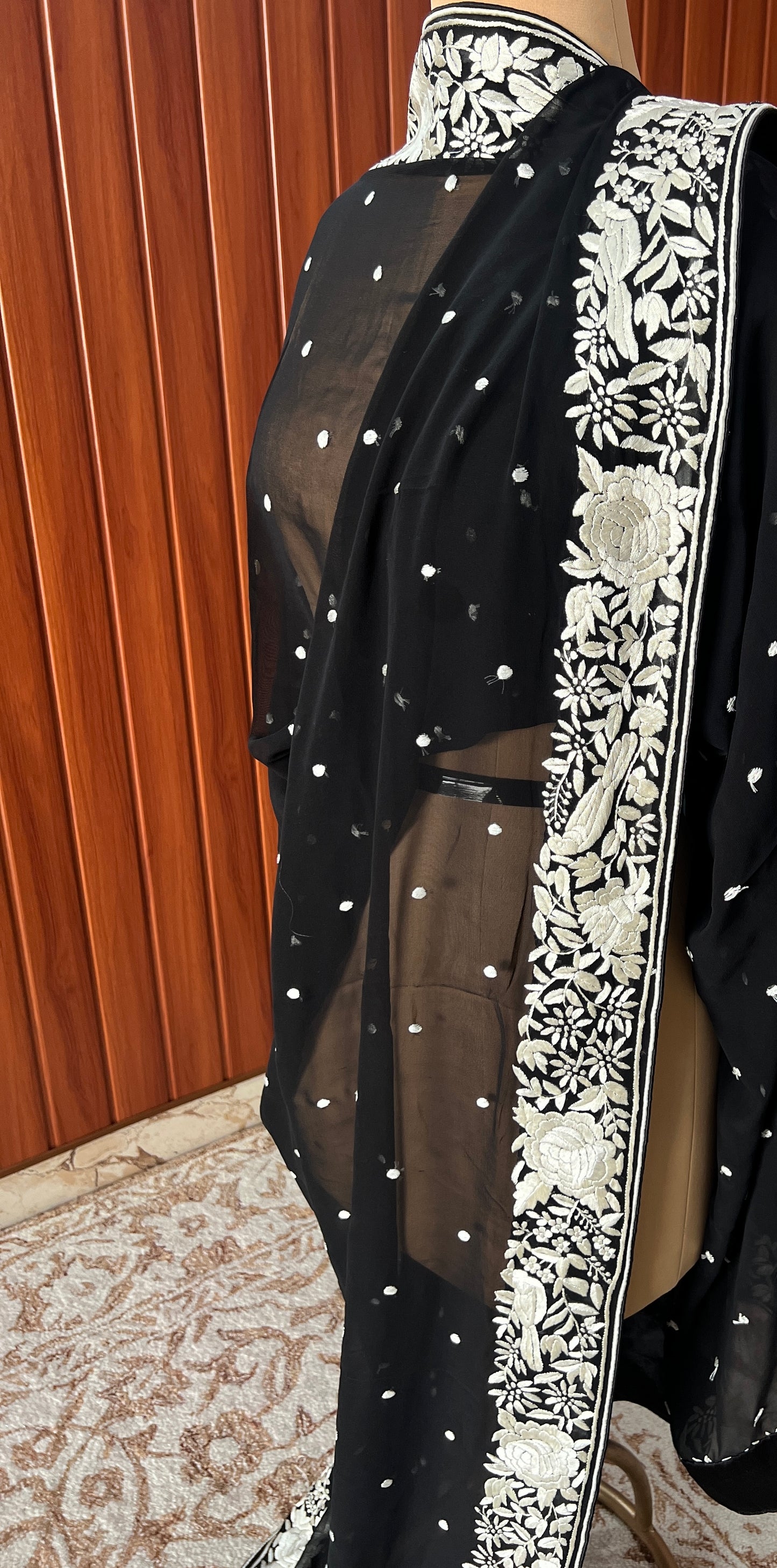 Black and Ivory Pure Georgette Dupatta With Parsi Gara Hand Embroidery