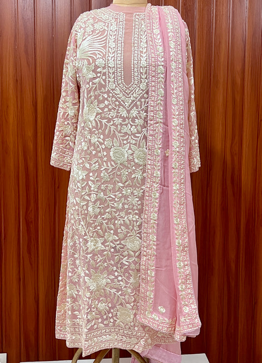 Pretty Pink Masterpiece Hand Embroidered Parsi Gara Kurta dupatta set