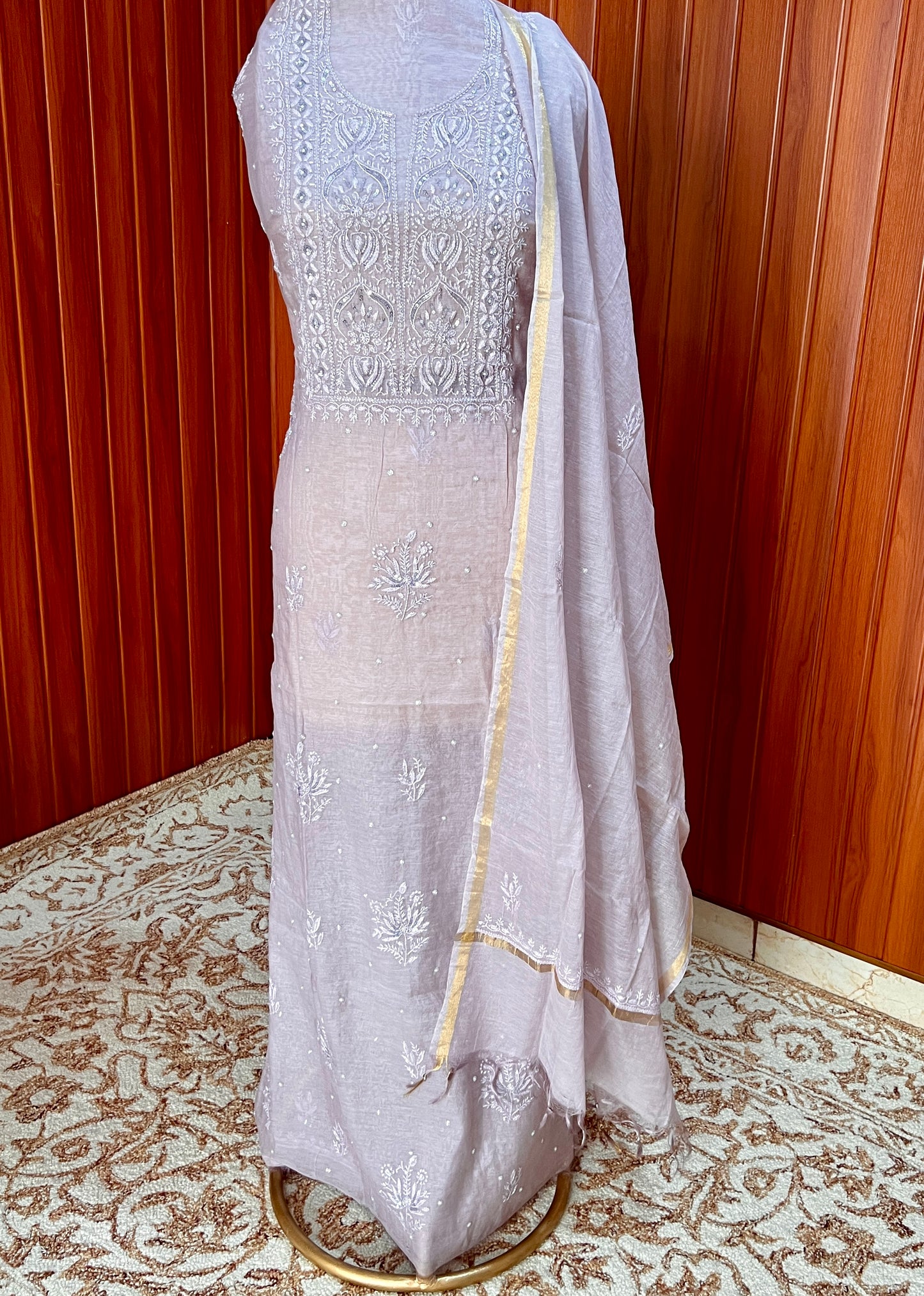 Lilac Mul chanderi Chikankari embroidered kurta and dupatta