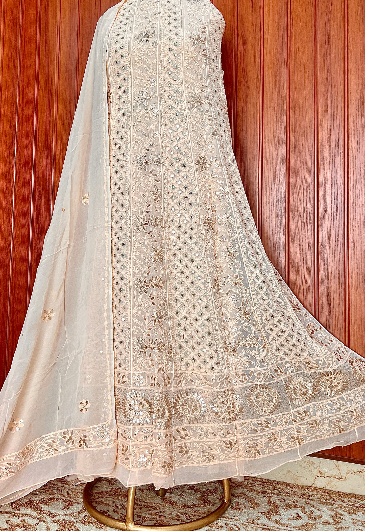 Soft Peach Chikankari Mirror Gota Patti Anarkali with Dupattae