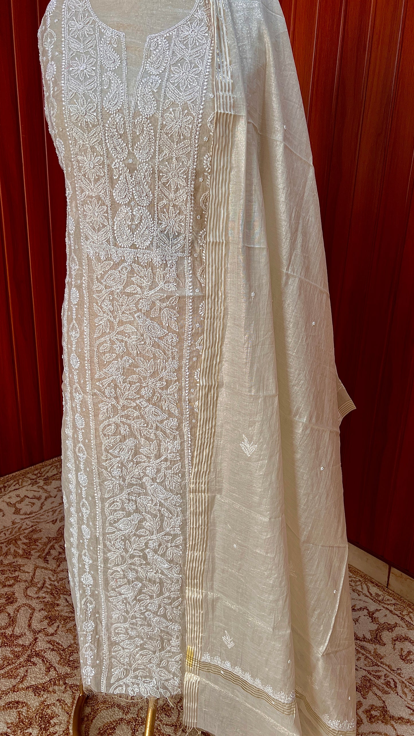 Tissue chanderi silk Chikankari and pearl embroidered kurta and dupatta