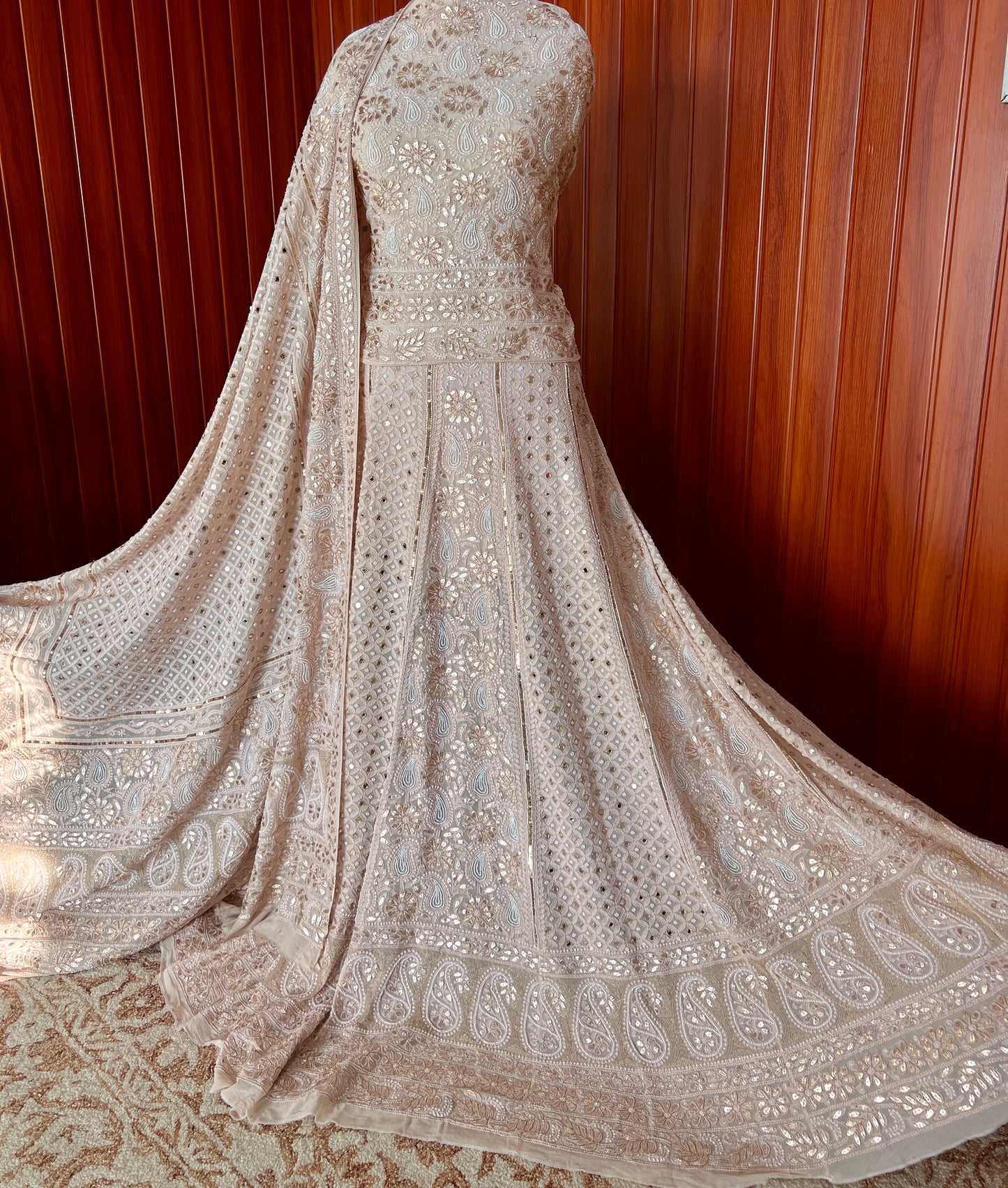 Nude Ruhani chikankari mirror pearl and sequins wedding lehenga