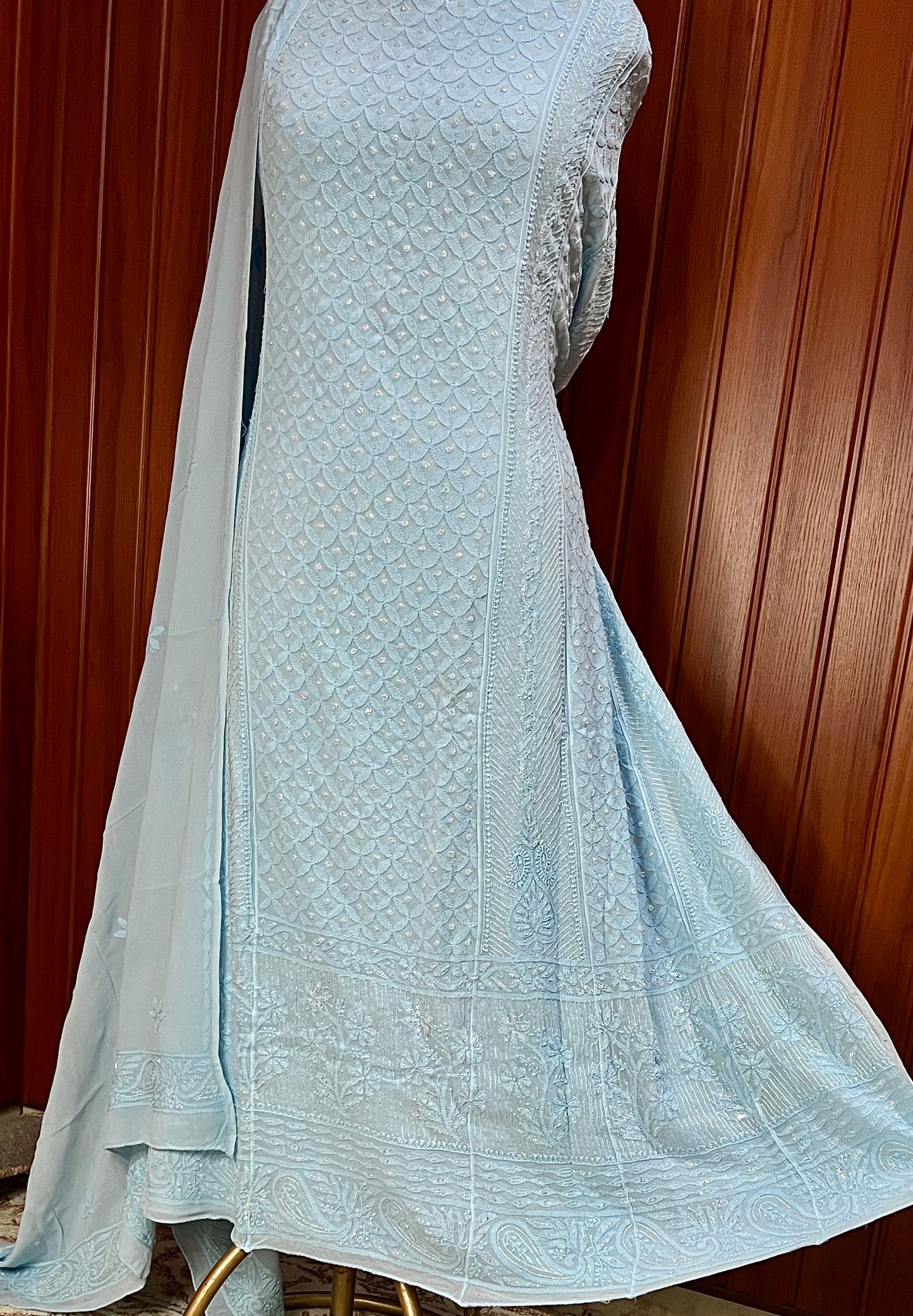 Sky Blue Chikankari and Cut Dana Embroidered Anarkali with Dupatta