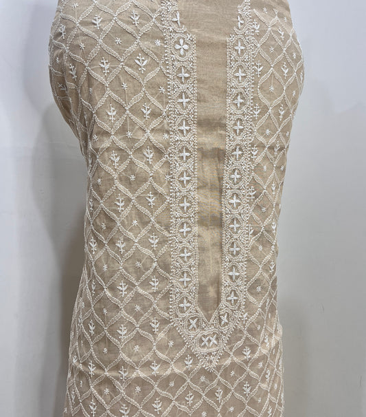 Tissue Chanderi Silk fine Chikankari Kurta Fabric