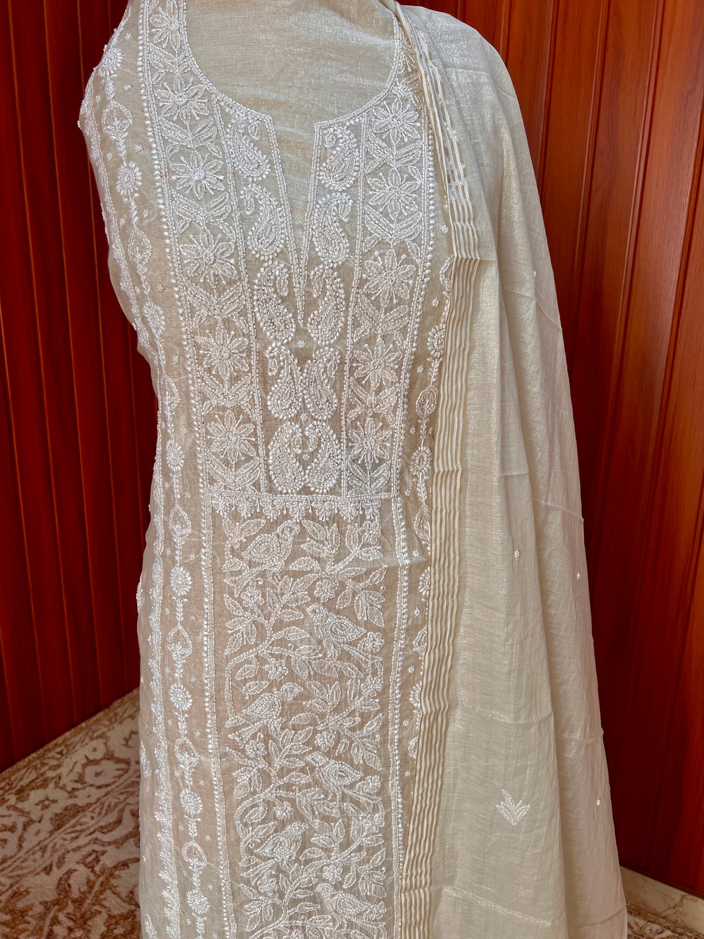 Tissue chanderi silk Chikankari and pearl embroidered kurta and dupatta