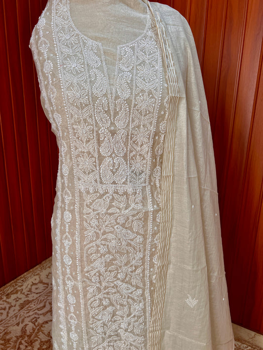 Tissue chanderi silk Chikankari and pearl embroidered kurta and dupatta