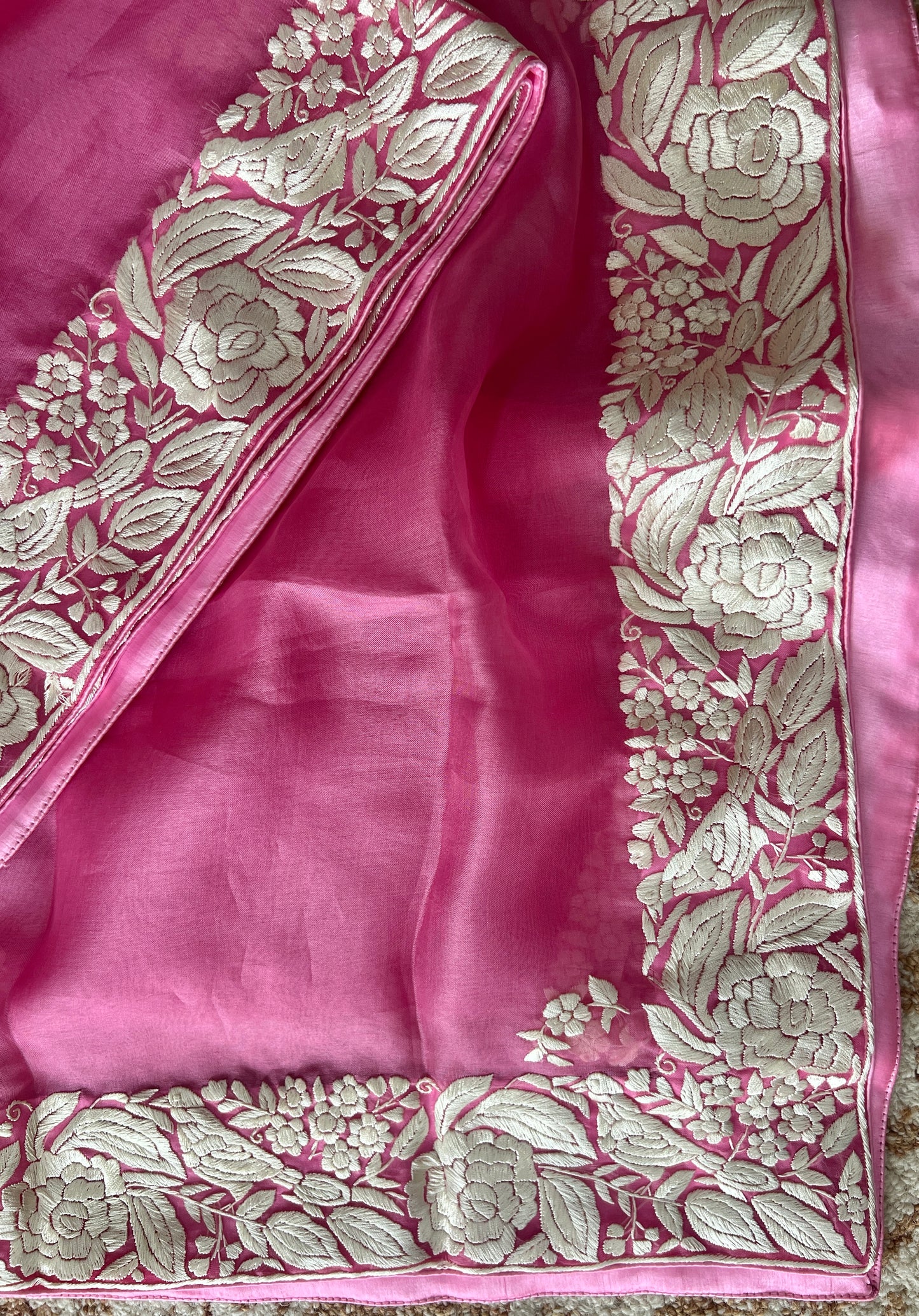 Rose Pink Organza Dupatta with Parsi Gara Hand Embroidery